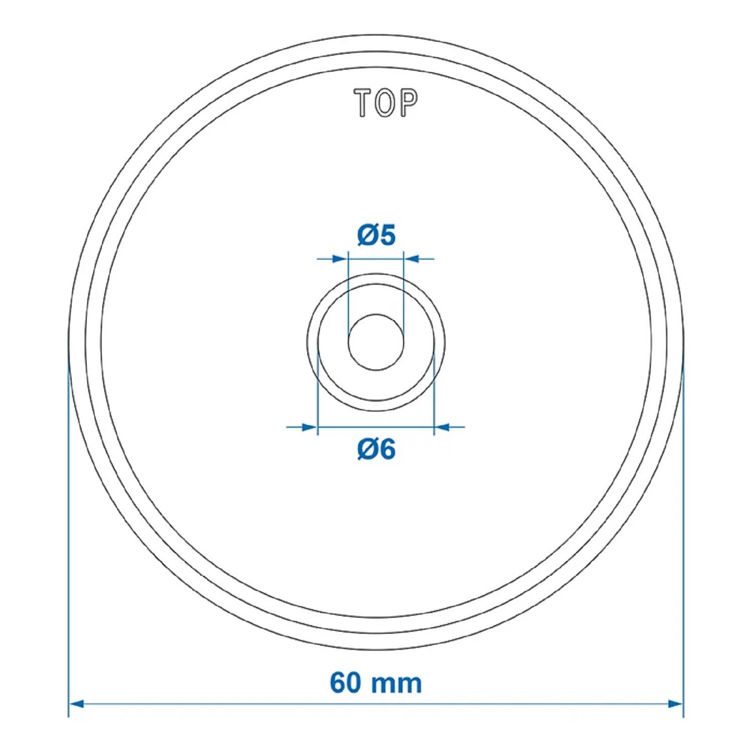 Draufsicht eines kreisförmigen Objekts mit einem Außendurchmesser von 60 mm, einem inneren Lochdurchmesser von 5 mm und einem weiteren Ringdurchmesser von 6 mm. Beschriftet mit 'TOP'.