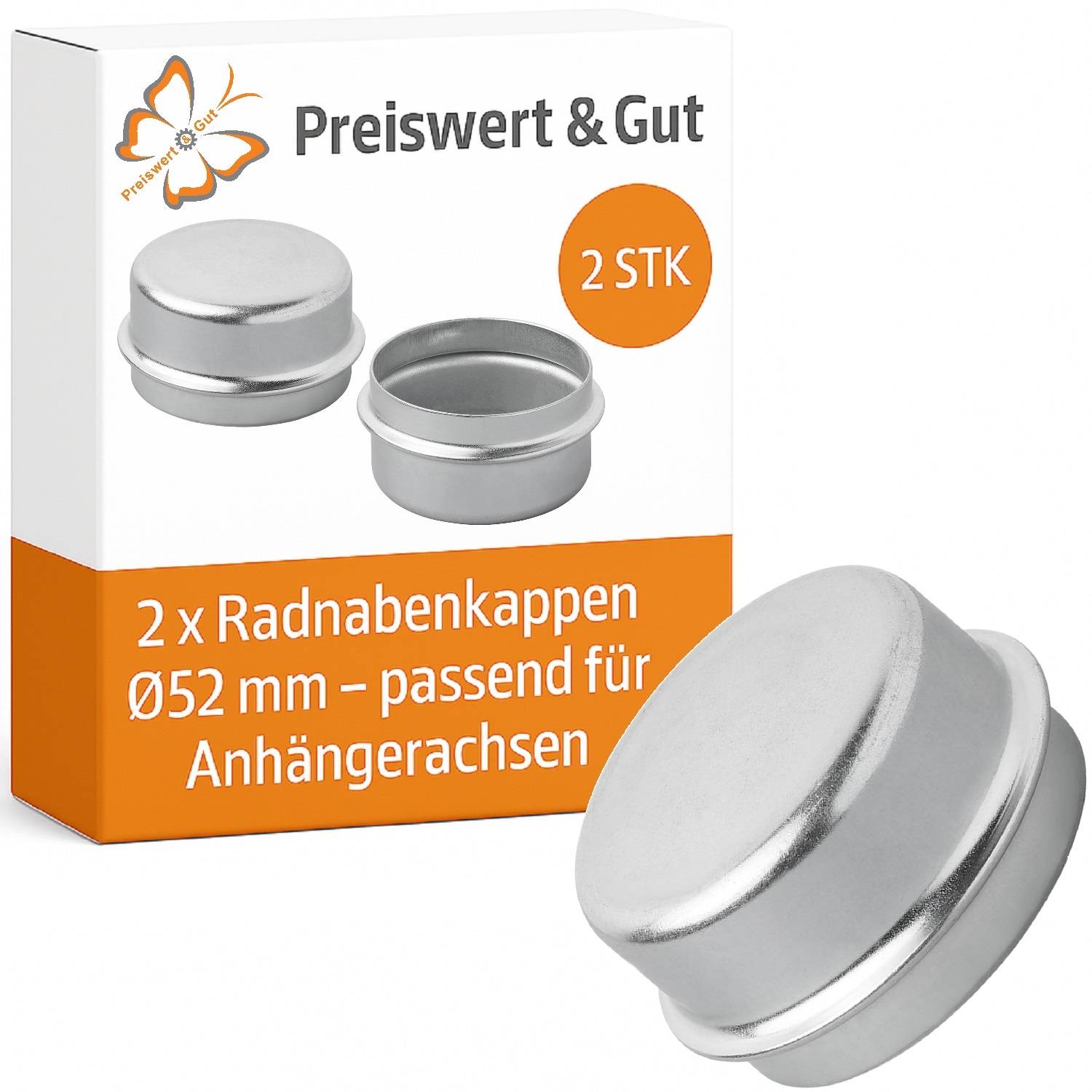 Box mit Beschriftung 'Preiswert & Gut' mit zwei metallischen Kappen, Größe 52mm, geeignet für Anhängerachsen. Text '2 STK' zeigt Menge an.
