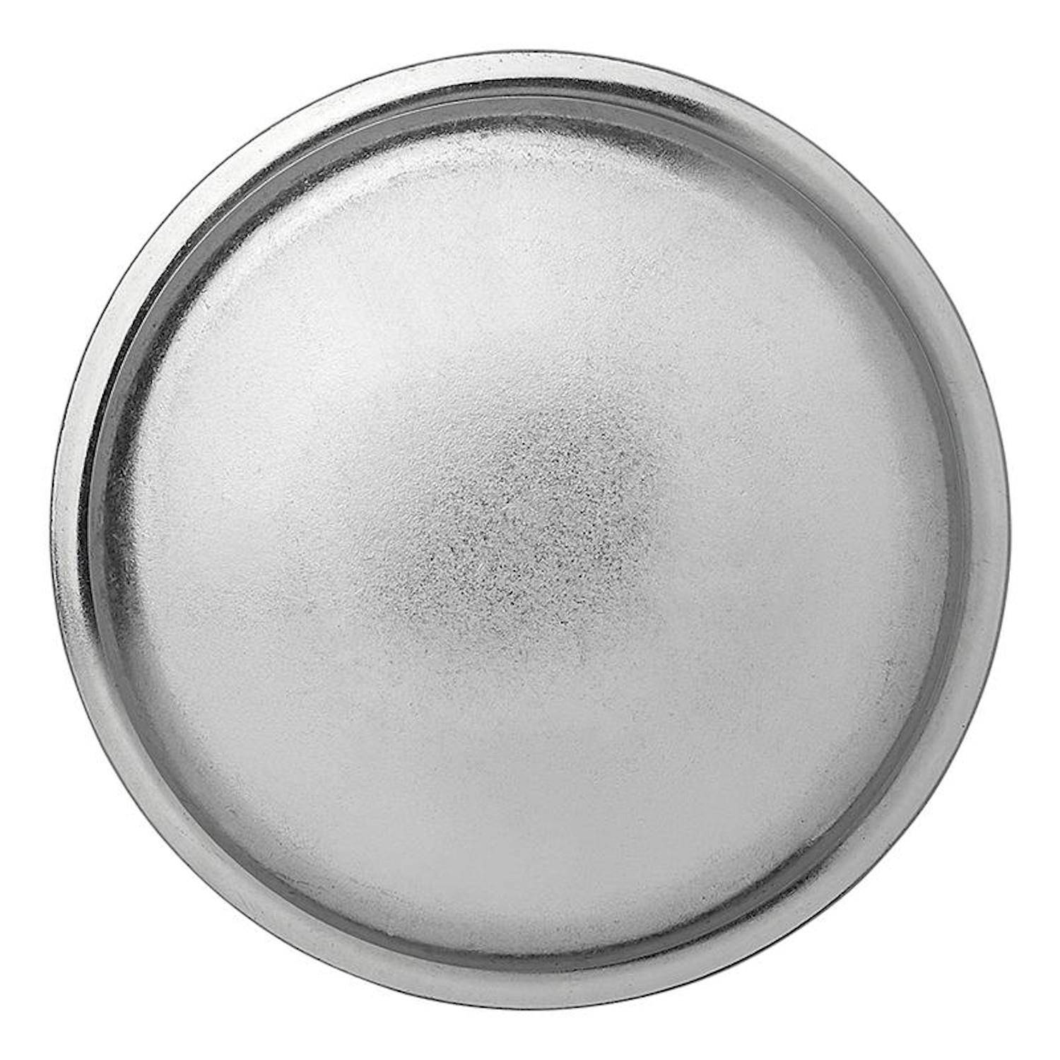Ein rundes Metalltablett mit einer glatten, glänzenden Oberfläche, das häufig zum Servieren von Speisen verwendet wird. Sein schlichtes Design unterstreicht seine zweckmäßige Funktion.