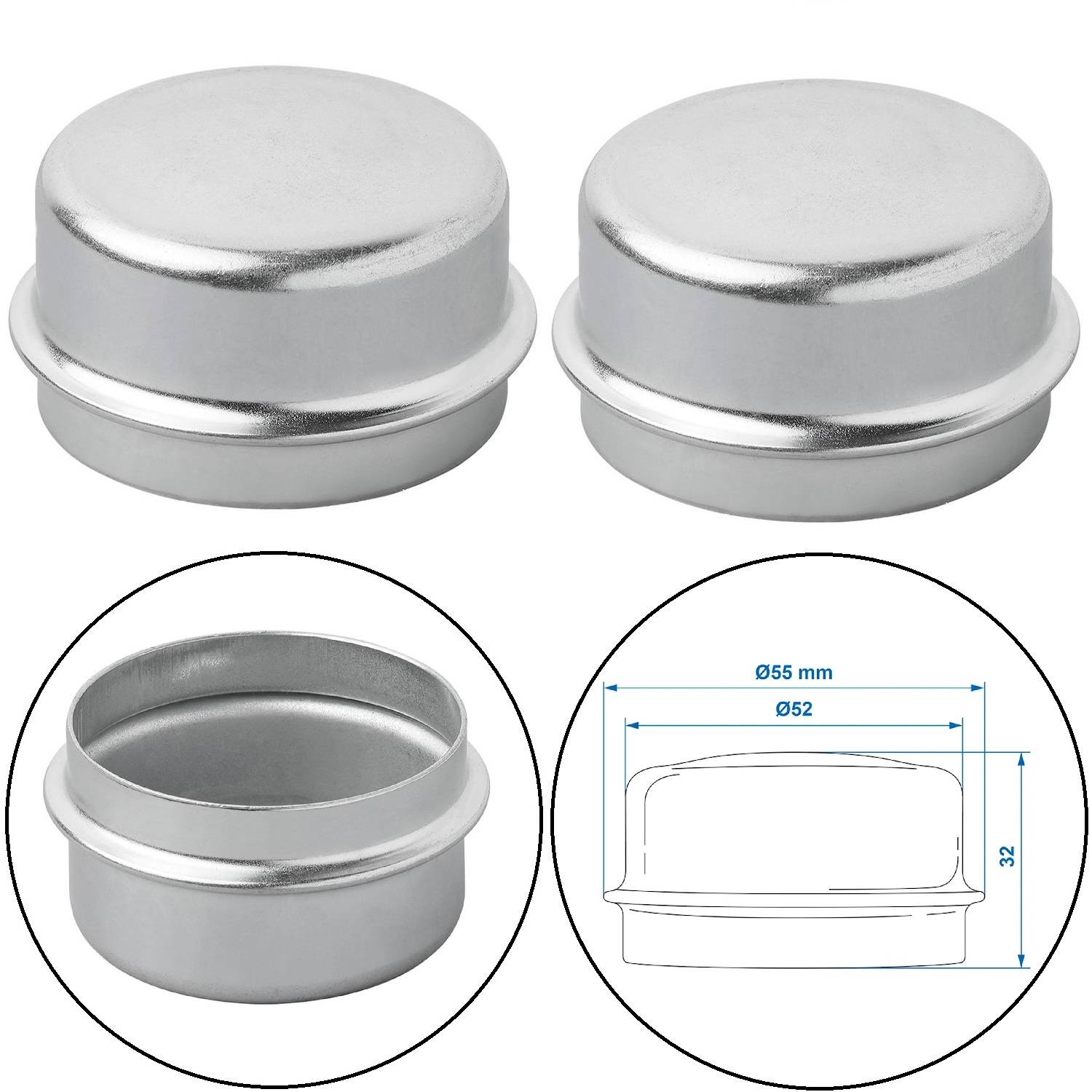 Zwei silberne Metallfelgendeckel; Diagramm unten zeigt Abmessungen: Außendurchmesser 55 mm, Innendurchmesser 52 mm, Höhe 32 mm.
