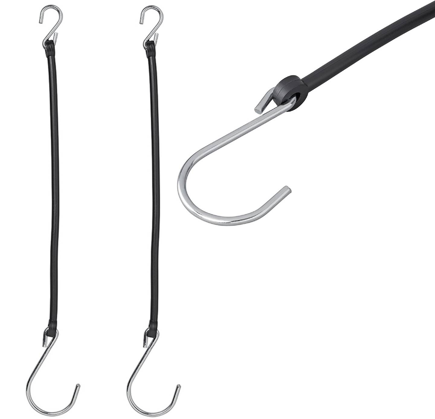 Zwei schwarze Spanngurte mit Metallhaken an beiden Enden, verwendet zum Befestigen von Gegenständen. Die Gurte werden in vertikaler Position gezeigt.