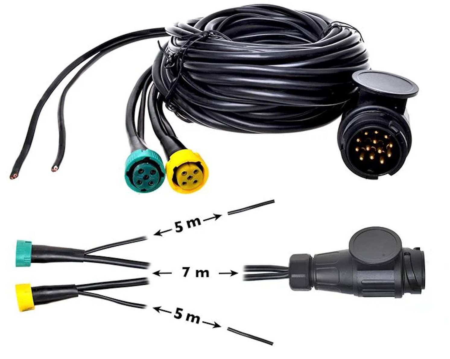 „Ein langes schwarzes Kabel mit verschiedenen farbigen Anschlüssen (grün, gelb, blau) und einem Stecker, das unterschiedliche Kabellängen von 5 m und  7 m anzeigt.