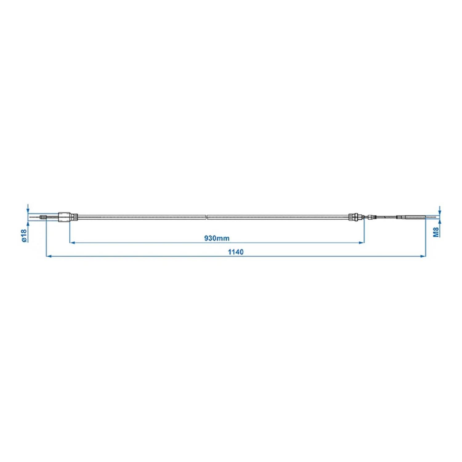 Technische Zeichnung einer flexiblen Metallschlaucharmatur mit Abmessungen: 930 mm Länge für den Hauptabschnitt, Gesamtlänge 1140 mm, Durchmesser 9,8 mm.