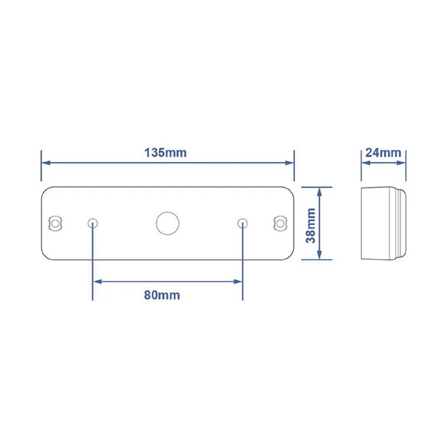 Skizze einer rechteckigen Halterung mit Abmessungen: 135 mm lang, 38 mm breit, 24 mm tief. Ausgestattet mit drei Löchern, wobei das mittlere Loch 80 mm von links entfernt ist.