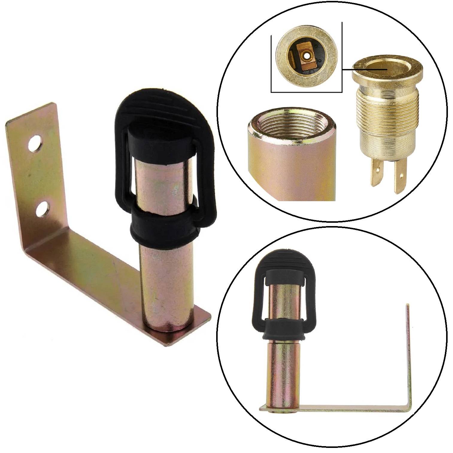 Netzsteckdose mit zweipinnigem Anschluss und Montagebügel, in Nahaufnahme und verschiedenen Winkeln zur Installationsreferenz dargestellt.