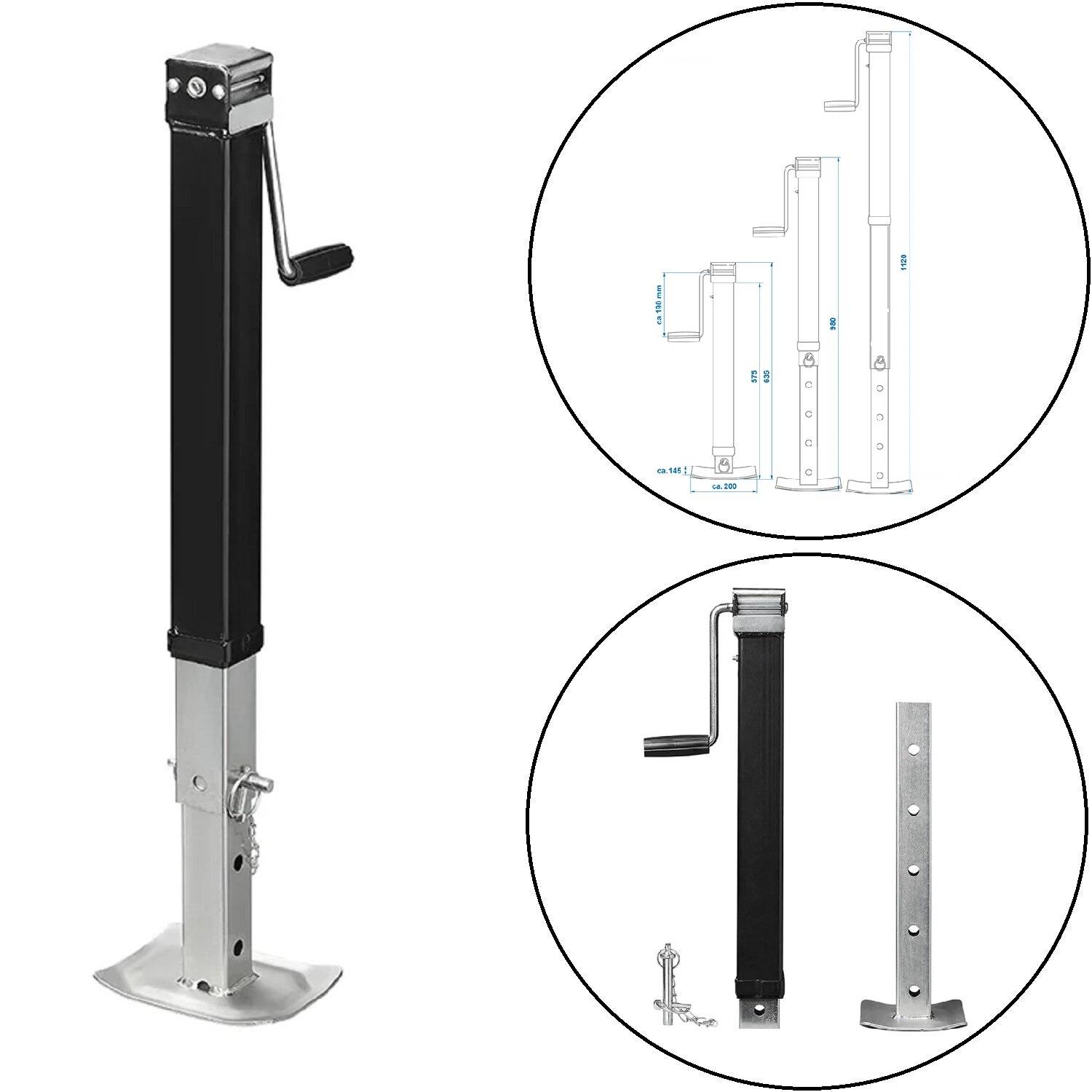 Ein Teleskop-Wagenheber mit einer manuellen Kurbelhandhabung, Seitenansicht-Schematik zur Darstellung der verstellbaren Höhen und eine Nahaufnahme der Befestigungslöcher.