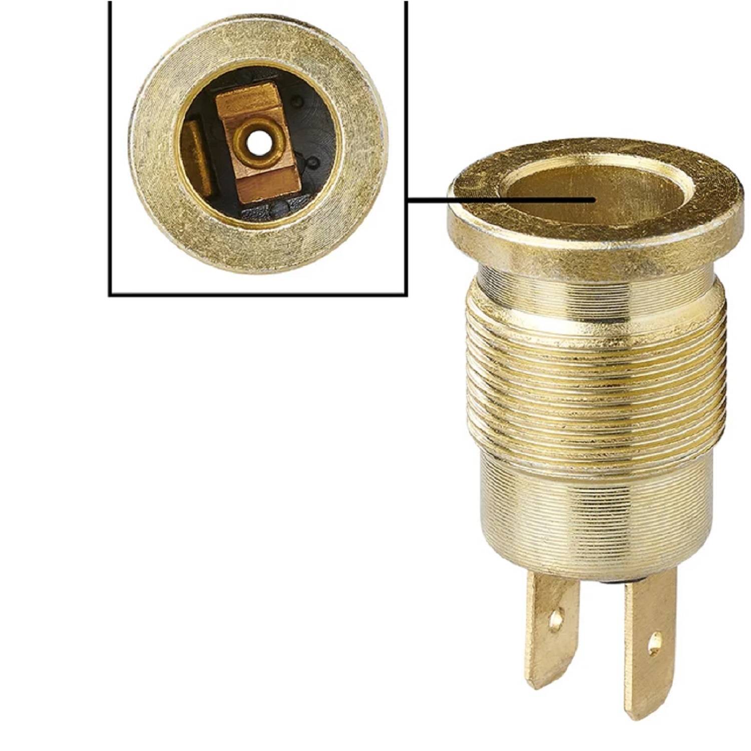 Koaxial-Stromstecker-Hohlstift mit detaillierter Ansicht der Innenstruktur, die metallische Kontakte und isolierende Gehäuseteile zeigt.