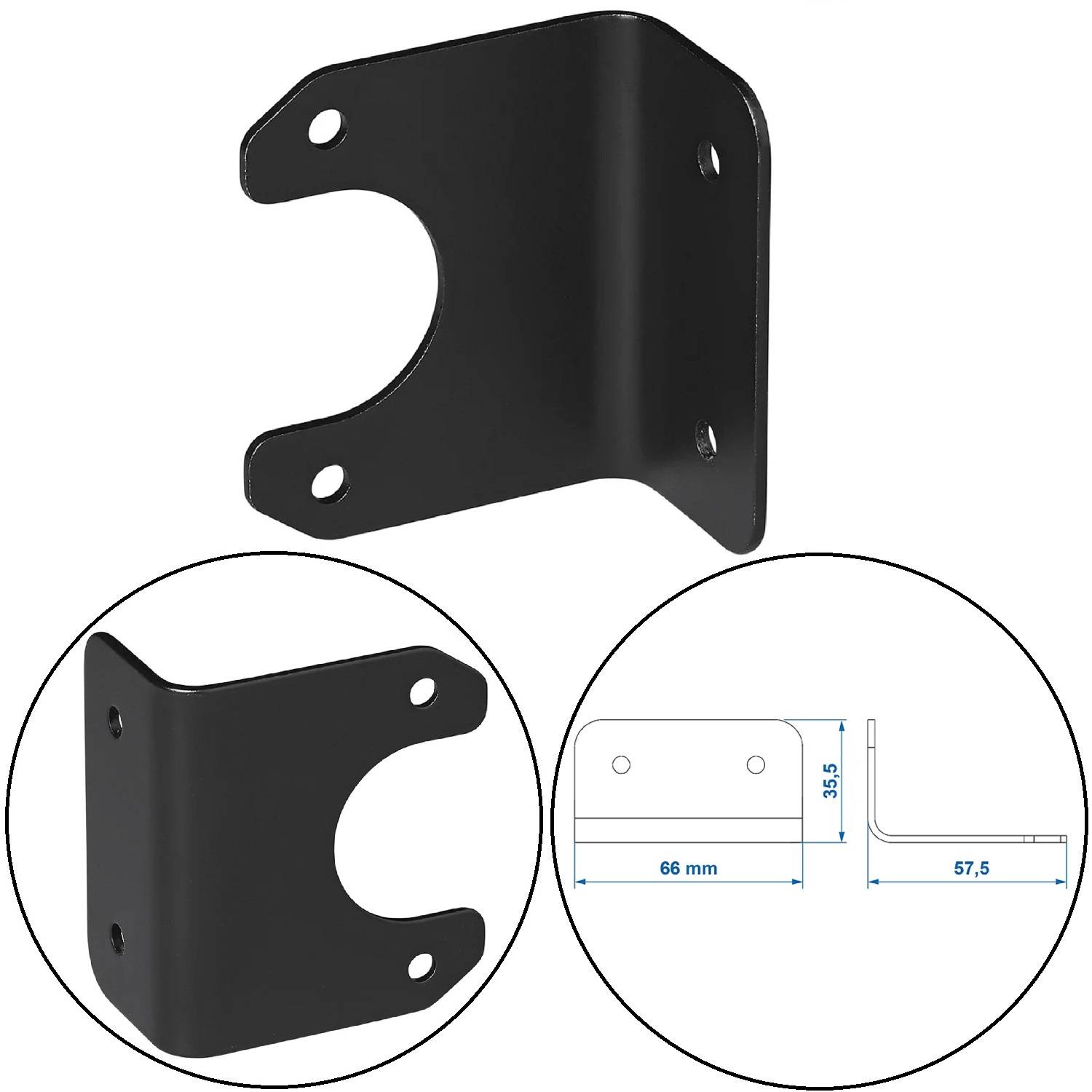 Eine schwarze Metallhalterung mit vier Löchern wird in Perspektive sowie in Drauf- und Seitenansicht dargestellt. Maße: 66 mm breit, 57,5 mm hoch.