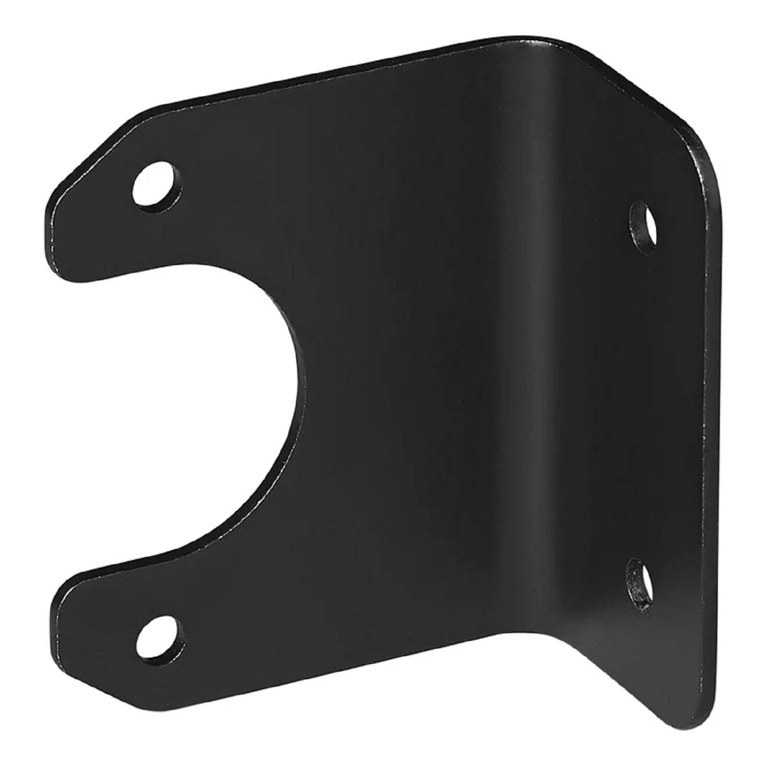Ein schwarzer Metallhalter mit vier Löchern, konzipiert für Montage- oder Befestigungszwecke.
