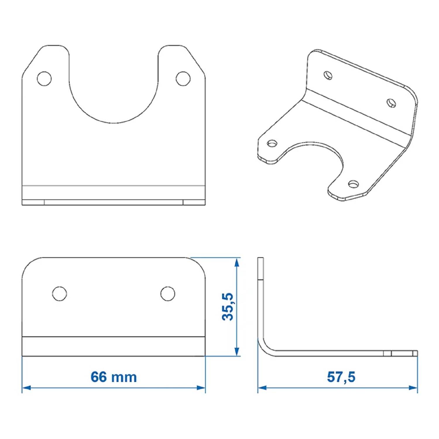 Technische Zeichnung einer Metallhalterung mit Abmessungen. Frontansicht: Breite 66 mm, Höhe 35,5 mm. Seitenansicht: Tiefe 57,5 mm.