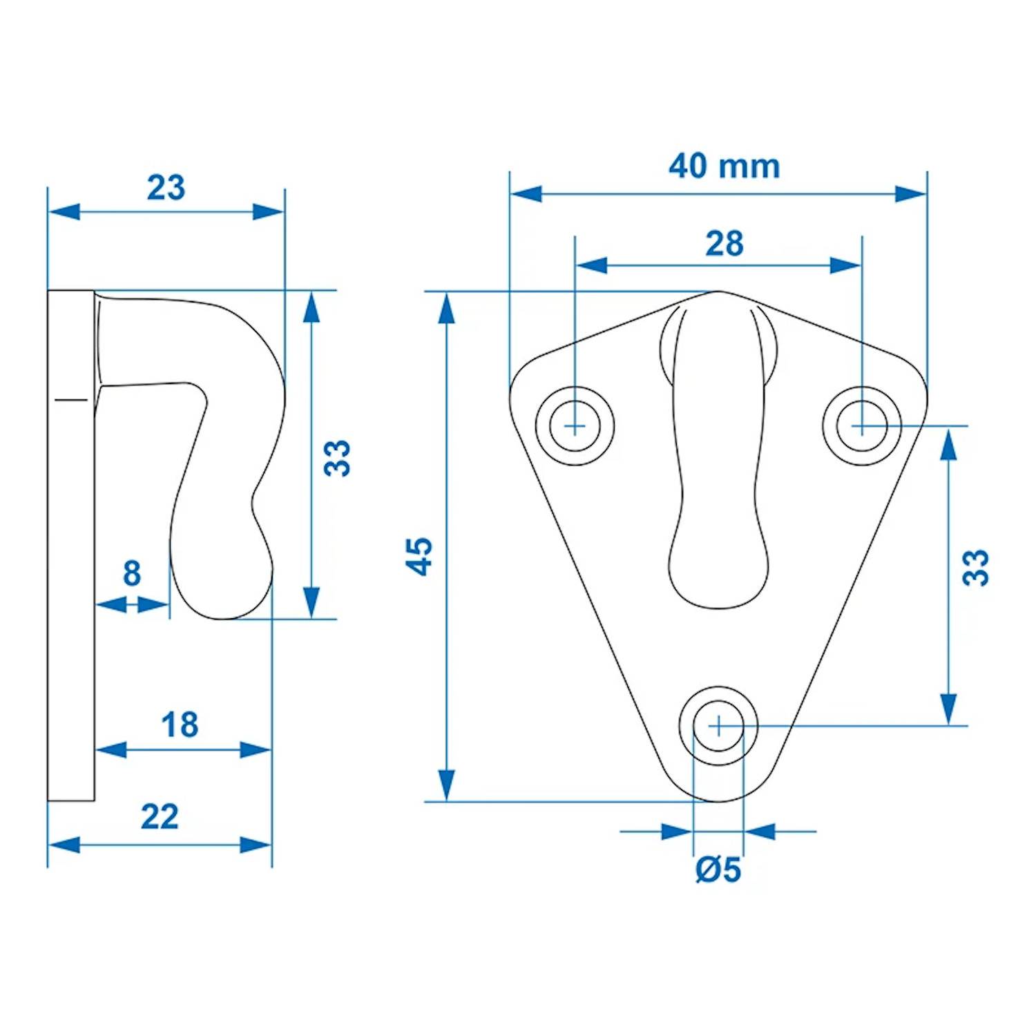 Diagramm eines Hakens mit dreieckiger Basis. Abmessungen: Höhe 45mm, Hakenvorsprung 22mm, Basisbreite 40mm, Lochdurchmesser 5mm.