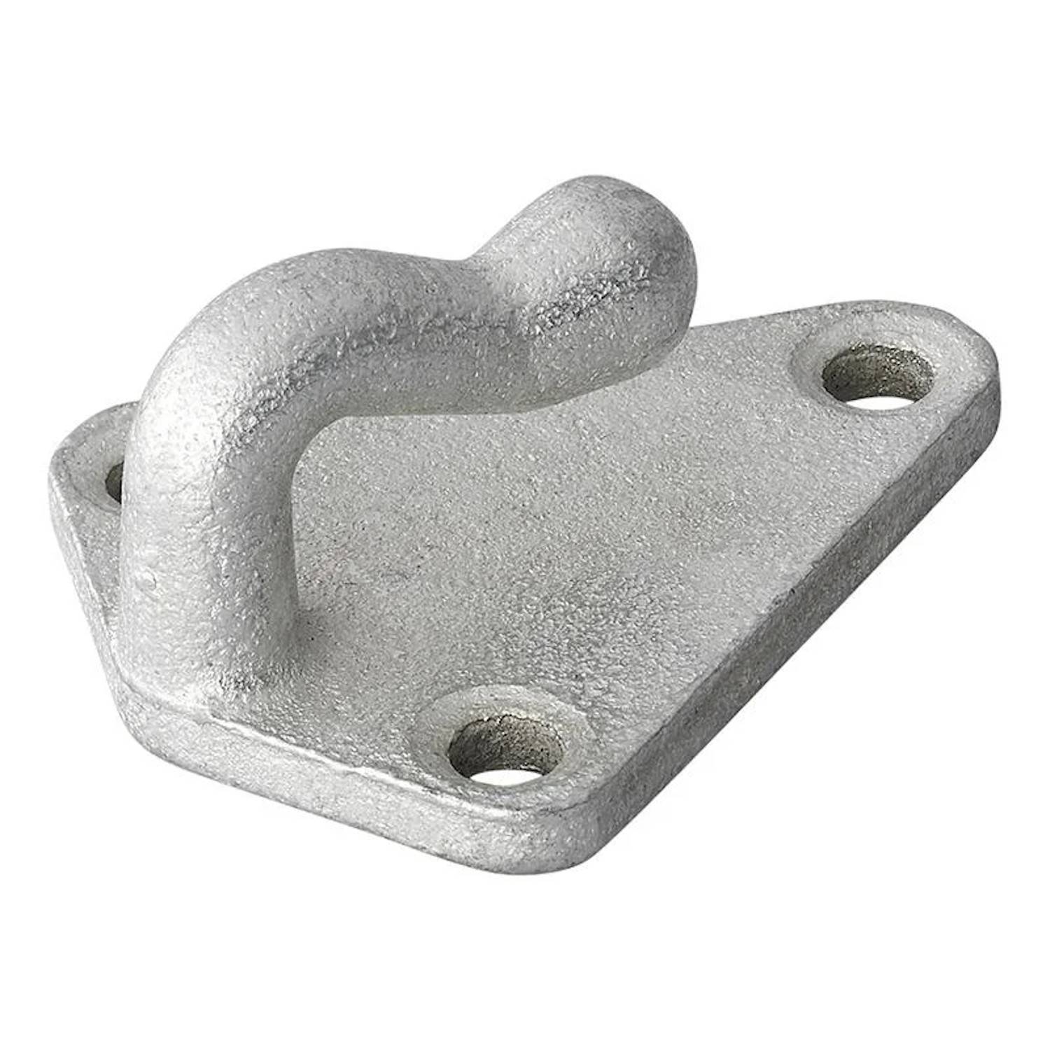 Eine Metallbefestigungshalterung mit zwei Schraublöchern und einem gebogenen Haken, die zum Befestigen von Seilen oder Ketten verwendet wird und normalerweise an Oberflächen montiert wird.