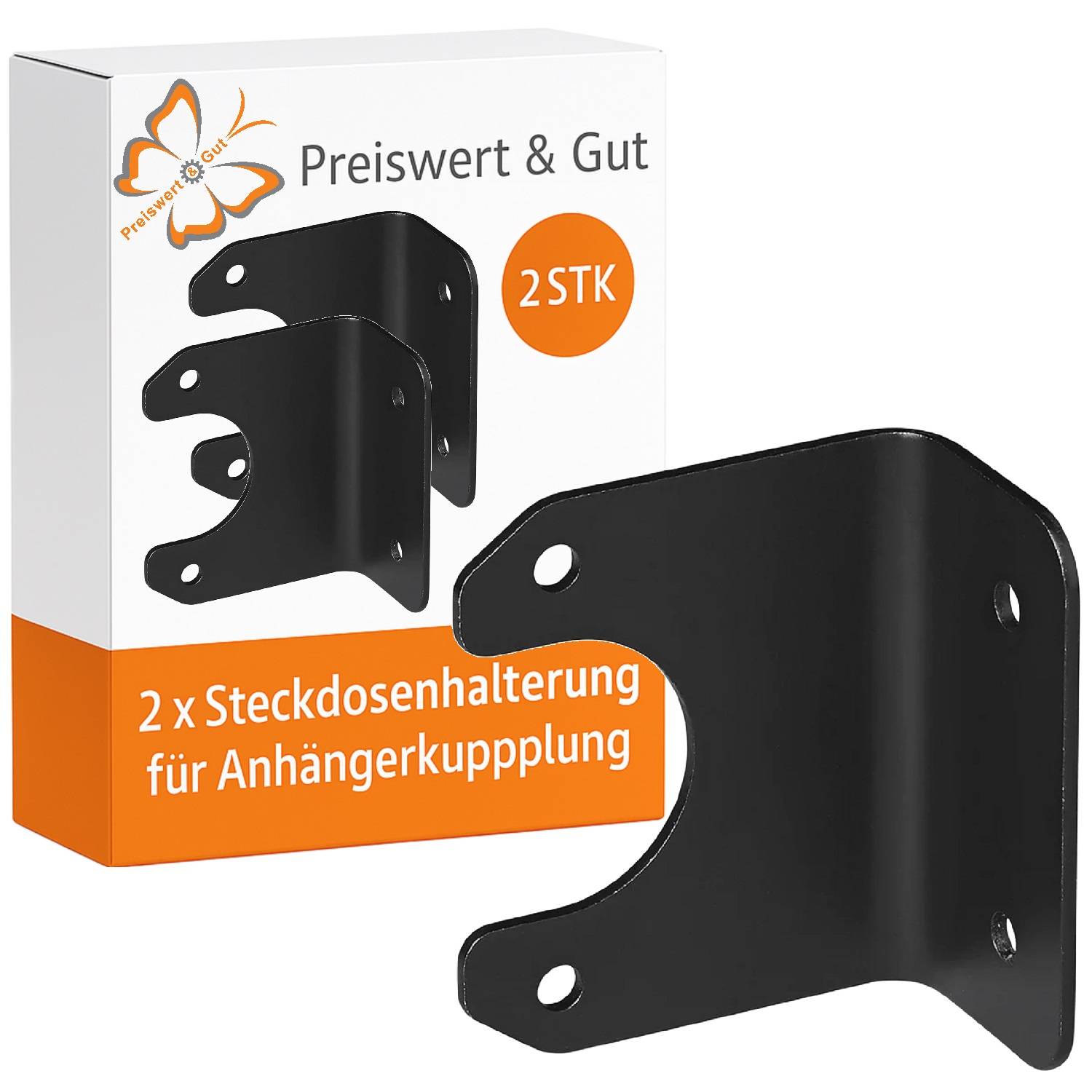 Das Bild zeigt eine schwarze Metallhalterung mit einer Verpackung, die mit 'Preiswert & Gut', '2 Stück' und '2 x Steckdosenhalterung für Anhängerkupplung' beschriftet ist.