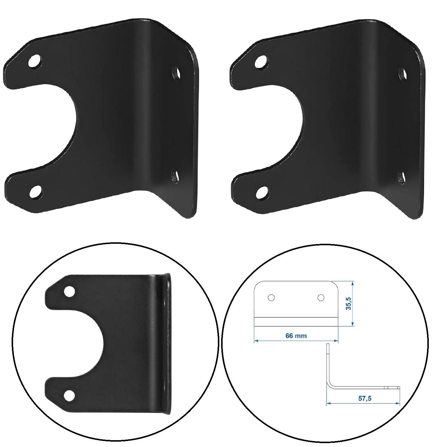 Zwei schwarze Metallhalterungen mit Löchern zur Befestigung, dargestellt in verschiedenen Ansichten: Winkel- und Seitenansicht. Abmessungen beschriftet mit 66 mm Breite, 35,5 mm Höhe, 57,5 mm Tiefe.