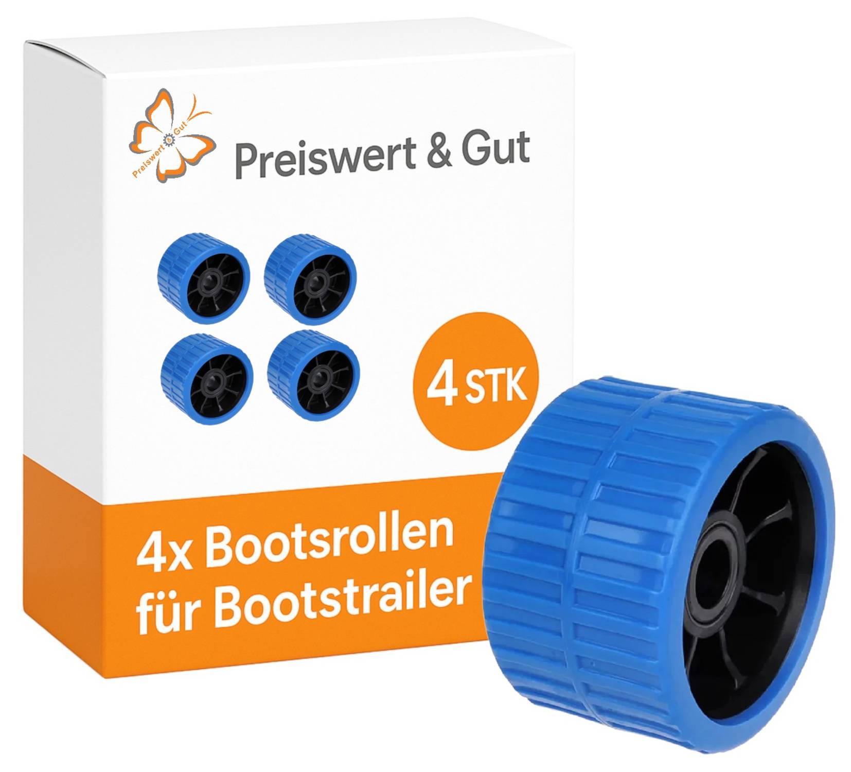 Box with text 'Günstig & Gut' and '4x Bootstrallerrollen für Bootstrailer', featuring four blue boat trailer rollers and one larger roller.