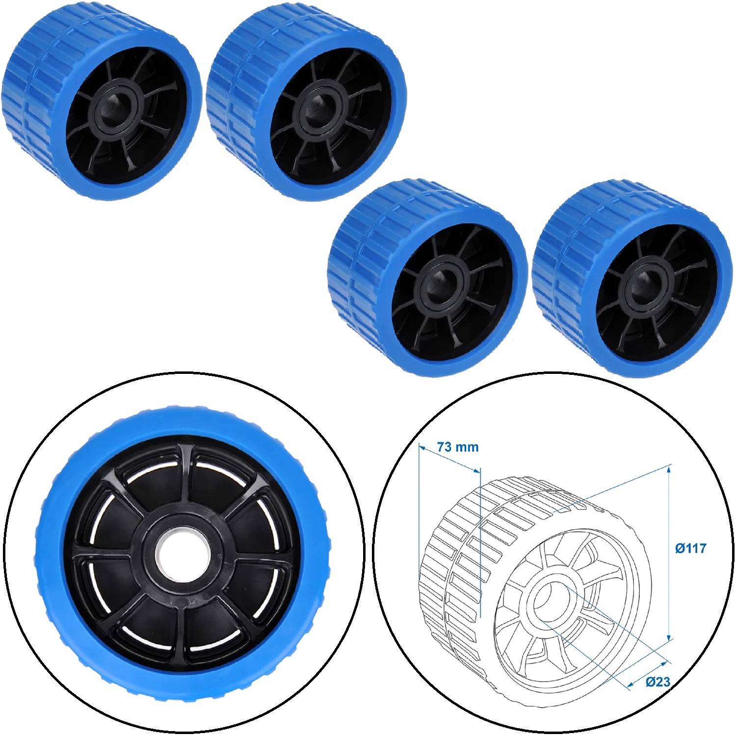 Vier blaue und schwarze Laufrollen, mit einer Diagramm, der die Abmessungen hervorhebt: Durchmesser 117 mm, Breite 73 mm, innerer Nabendurchmesser 23 mm.