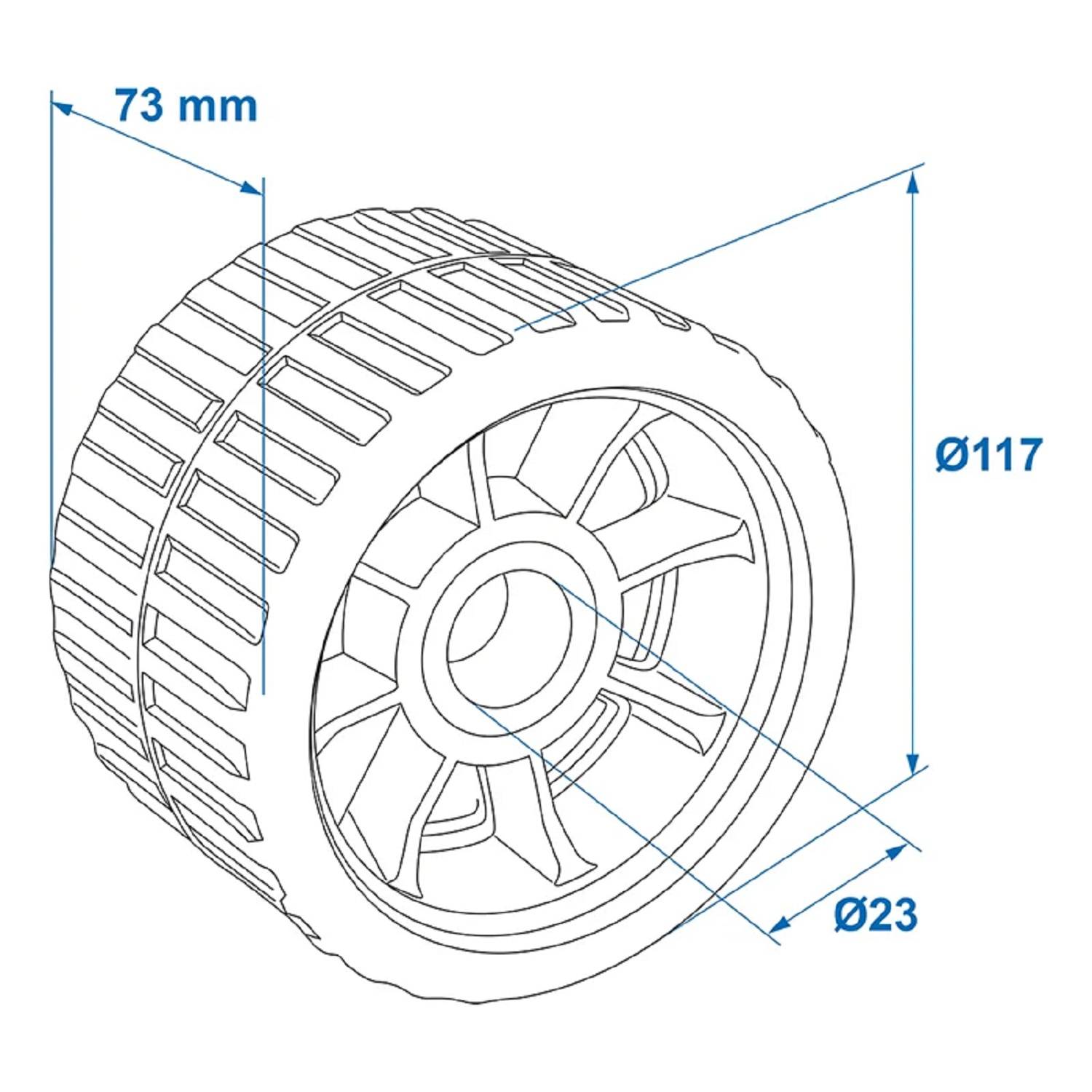 Technische Zeichnung eines Rades mit Abmessungen: Durchmesser 117 mm, Breite 73 mm und Lochdurchmesser innen 23 mm.