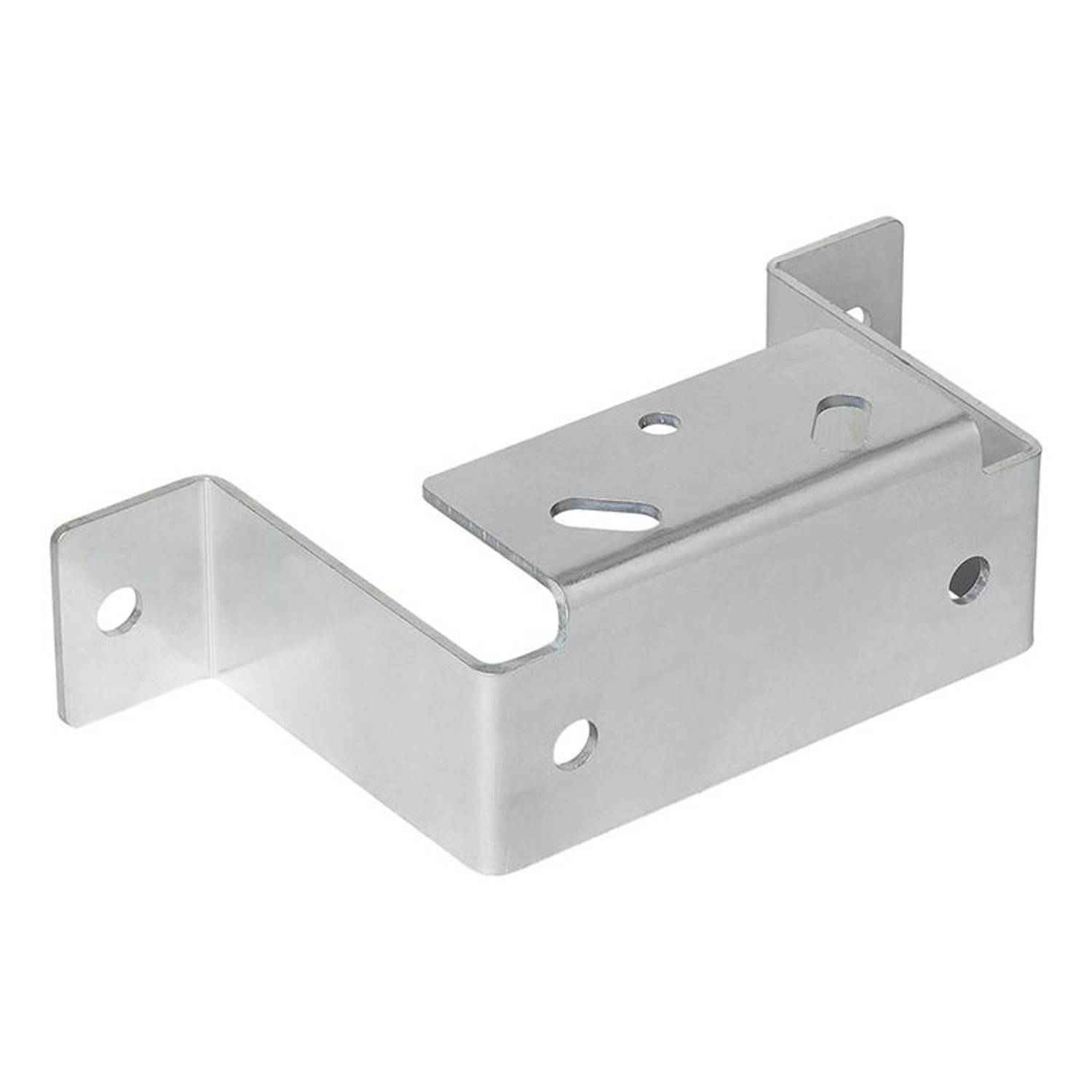 Eine silberne Metallhalterung in U-Form mit drei Löchern, die zur Befestigung oder Abstützung verwendet wird.