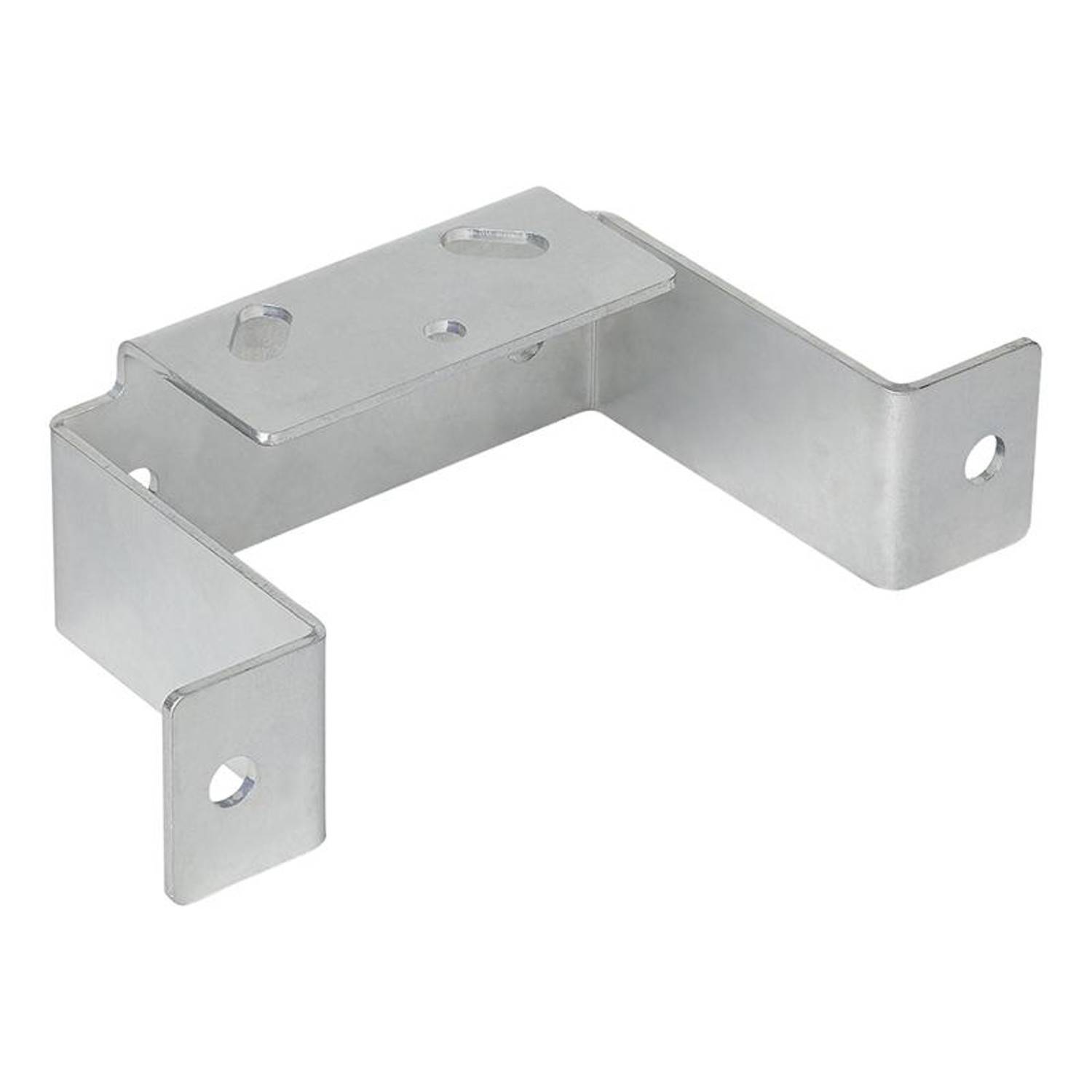 Eine Metallhalterung mit zwei Befestigungslöchern und einer flachen Basis, die zum Sichern oder Abstützen von Strukturen oder Objekten verwendet wird.