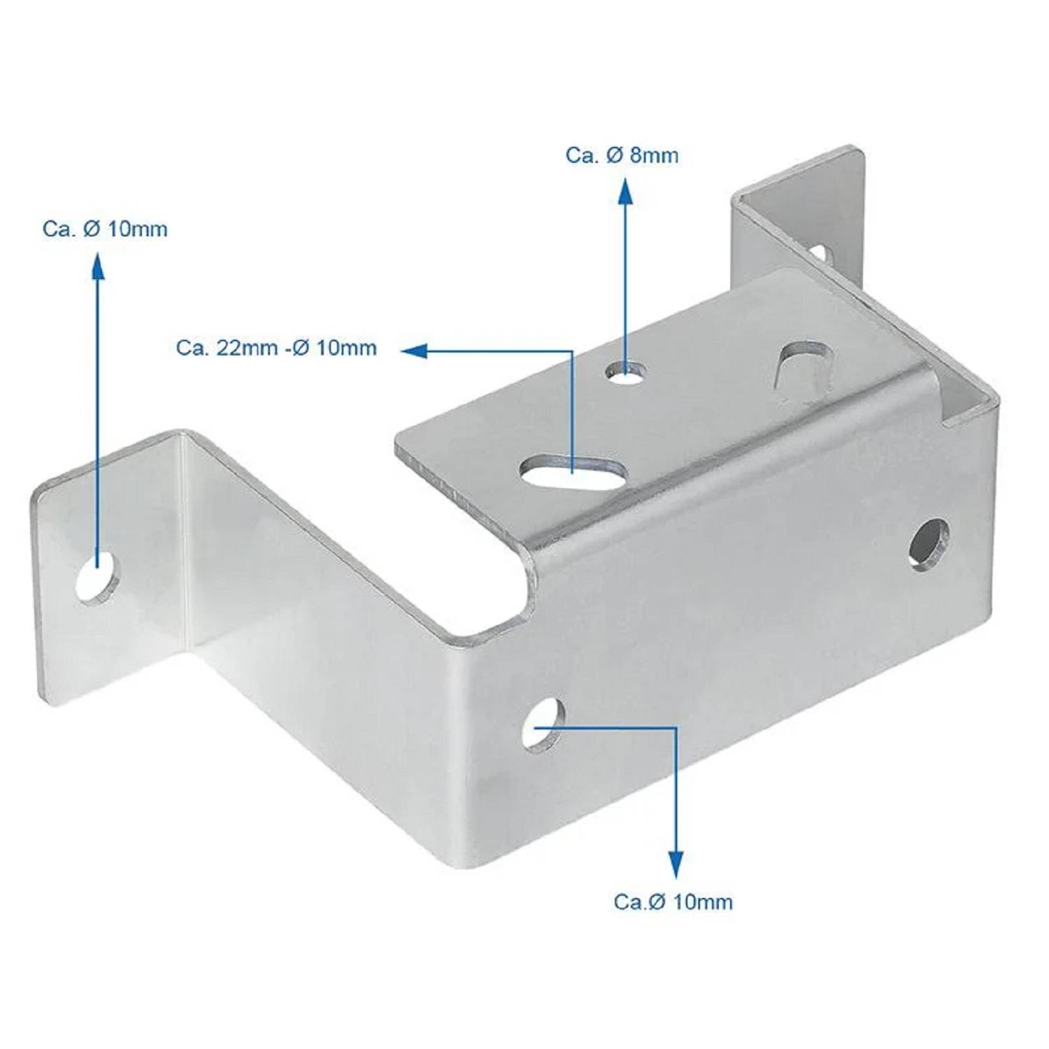 Metallhalterung mit mehreren kreisförmigen Löchern, beschriftet mit Durchmessern: 'Ca. Ø 22mm Ø 10mm', 'Ca. Ø 10mm', 'Ca. Ø 8mm'.