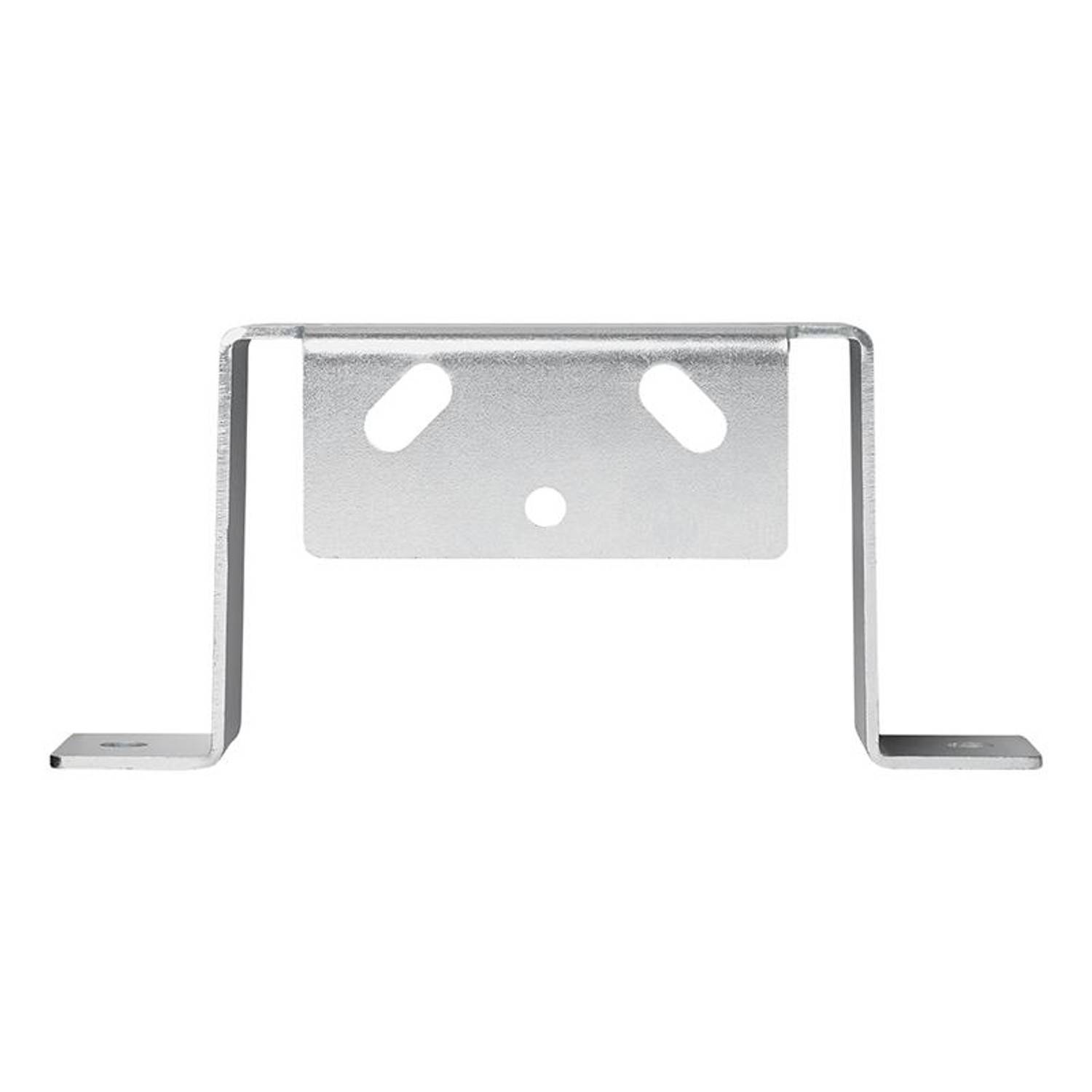 Eine Montageklammer aus Metall in U-Form, mit zwei Schlitzen und einem zentralen Loch zum Befestigen oder Anbringen von Gegenständen.