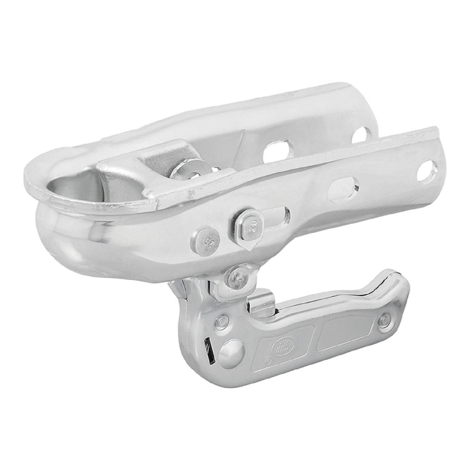 Eine silberne Kupplungsvorrichtung mit Verriegelungsmechanismus, die zum Sichern und Abschleppen von Anhängern verwendet wird.