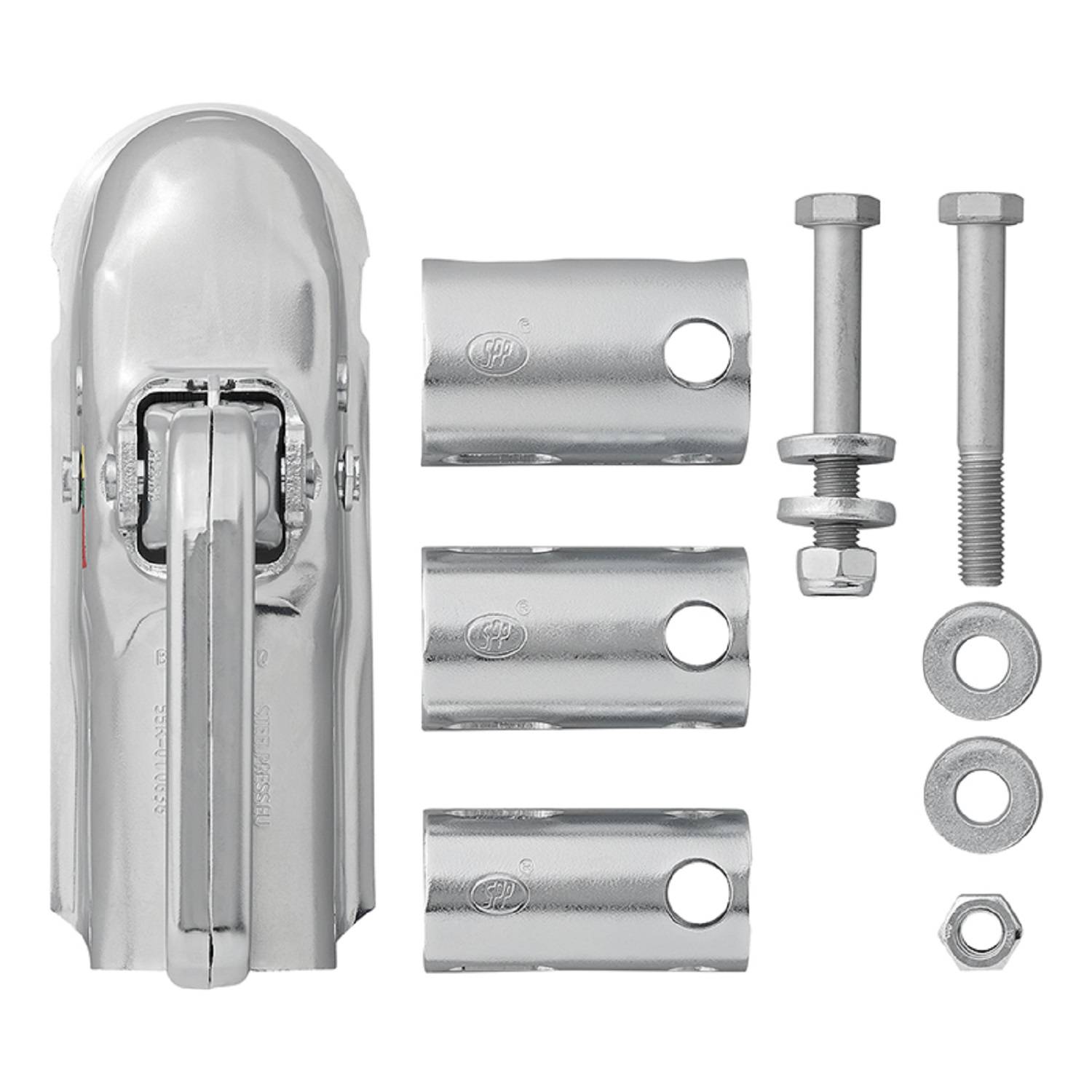 Ein Metall-Anhängerkupplung mit drei Größenadaptern, zwei Schrauben, Muttern und Unterlegscheiben. Wird zum Anbringen eines Anhängers an eine Fahrzeug-Anhängerkupplung verwendet.