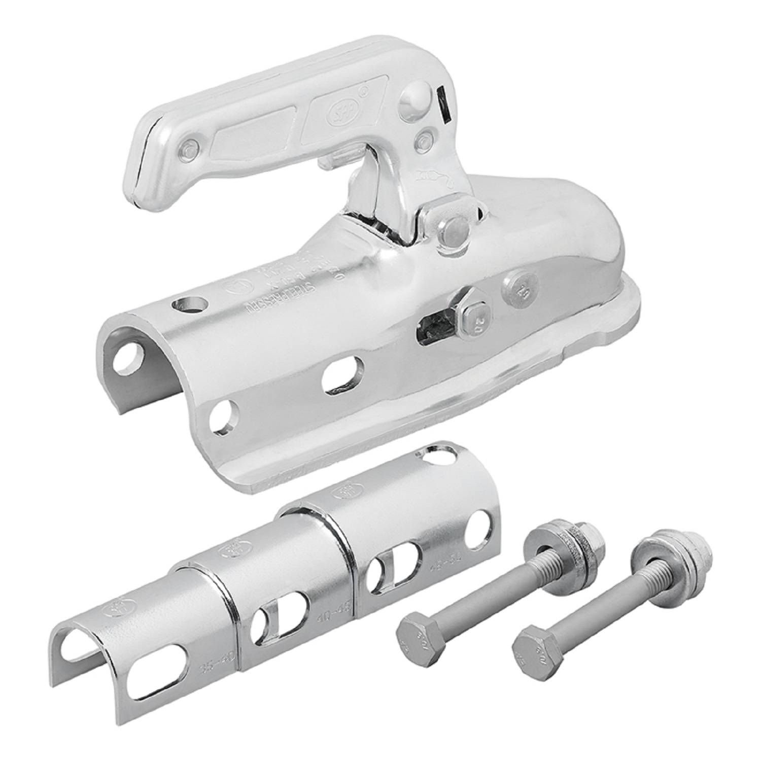 Glänzender metallischer Anhängerkupplung mit Griff, zwei mitgelieferten Schrauben und Sicherungskomponenten, entwickelt für Anhängeverbindungen.