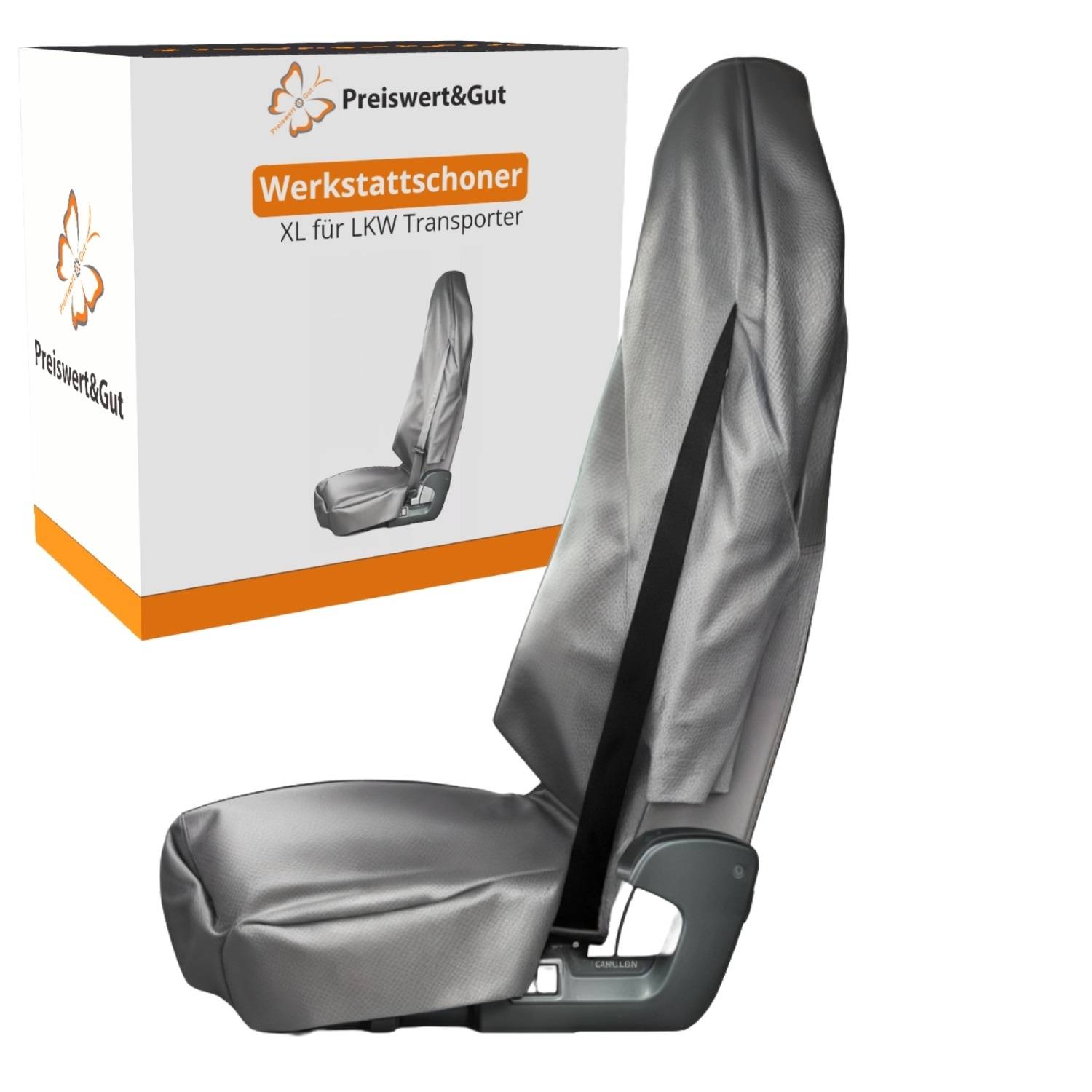 Grauer Autositzbezug, der vor einer weißen Box mit der Aufschrift 'Werkstattschoner XL für LKW Transporter' mit Markenlogo präsentiert wird.