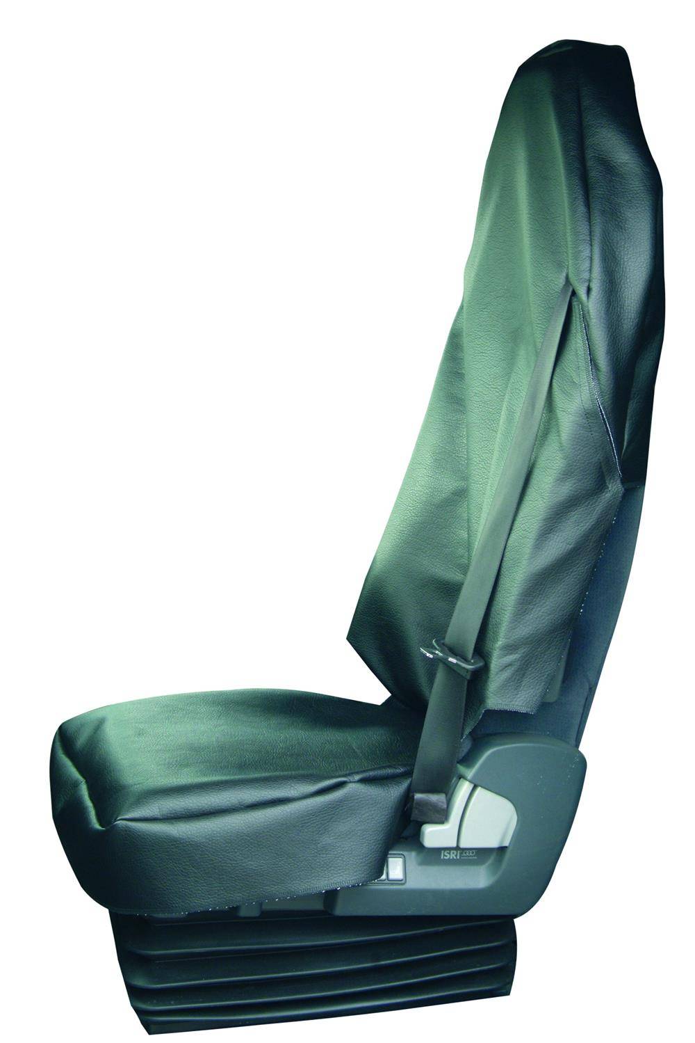 Ein schwarzer, gepolsterter Fahrzeugsitz, von der Seite gezeigt, mit einem Sicherheitsgurt ausgestattet, vorgesehen für einen Bus- oder Lastwagenfahrer.