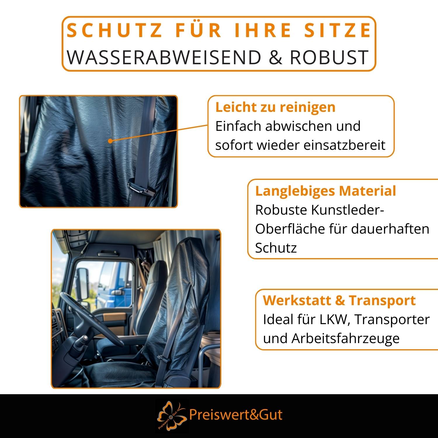Wasserfeste & robuste Sitzbezüge, die in einem Fahrzeuginneren gezeigt werden und eine einfache Reinigung sowie strapazierfähige Materialien für einen langanhaltenden Schutz betonen.
