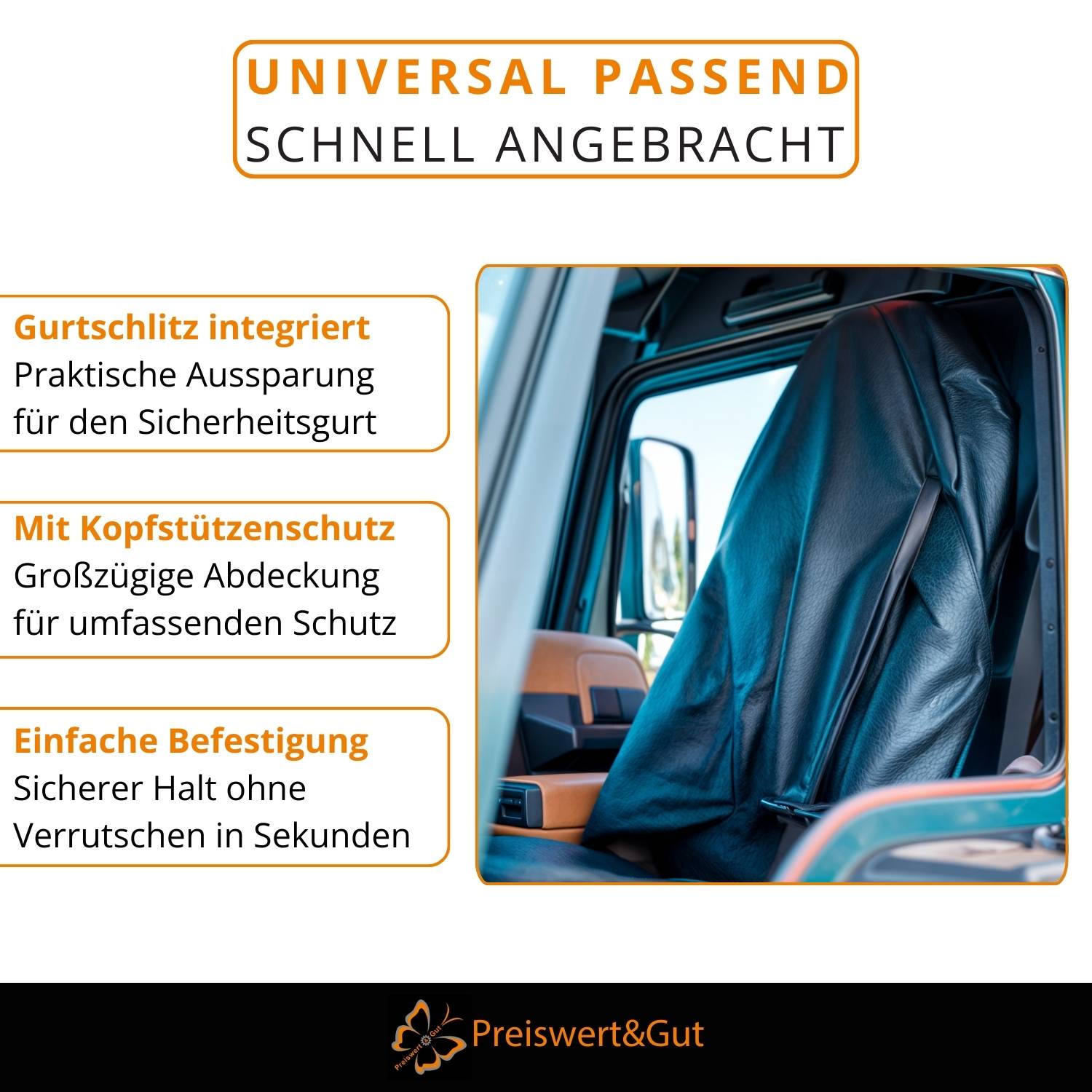 Autositzbezug: 'Universal Passend Schnell Angebracht'. Merkmale umfassen praktisches Design, Kopfschutz und sicheren Sitz.