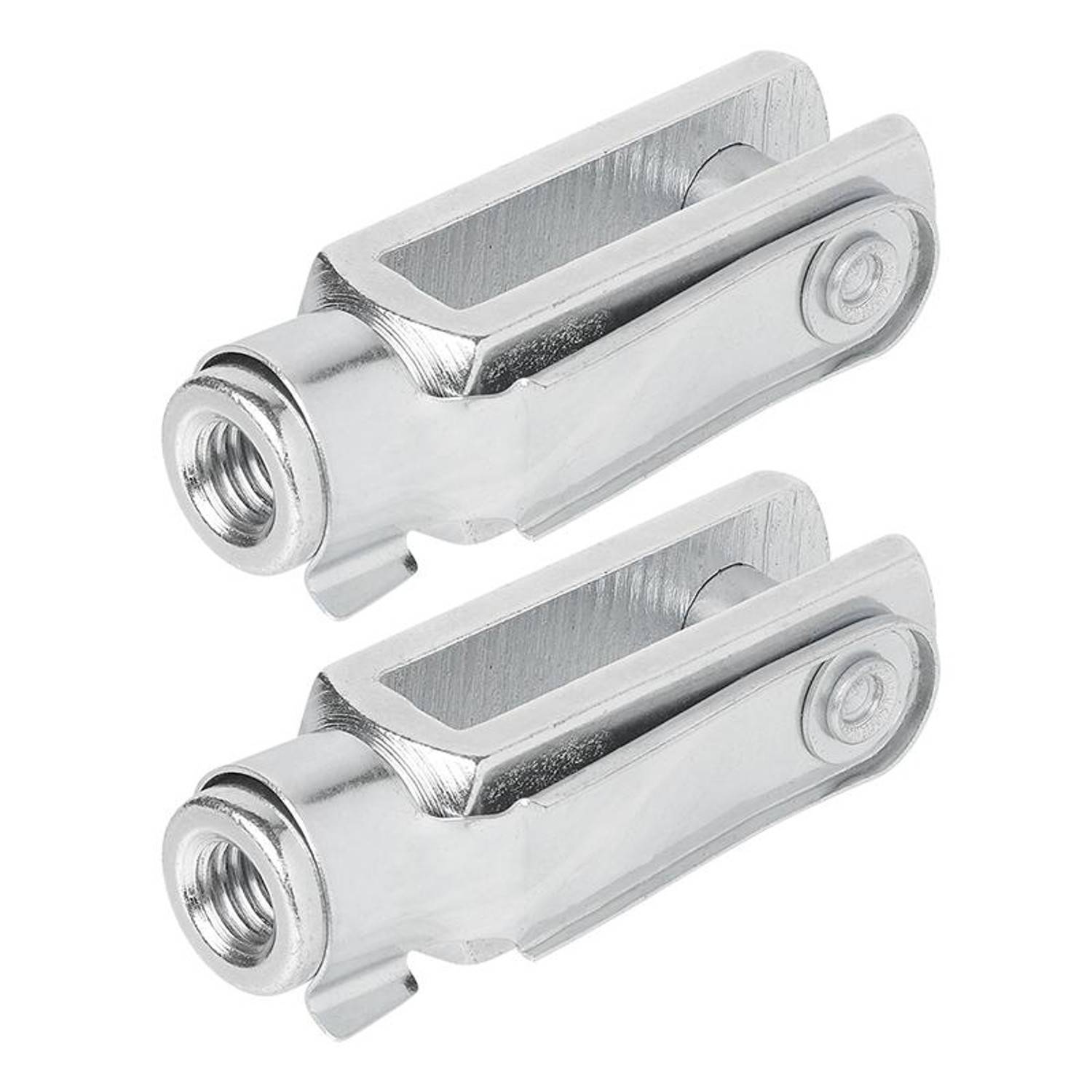 Zwei metallische Klemmbügel mit Gewindebohrungen und Befestigungsstiften, die für mechanische oder strukturelle Anwendungen verwendet werden.