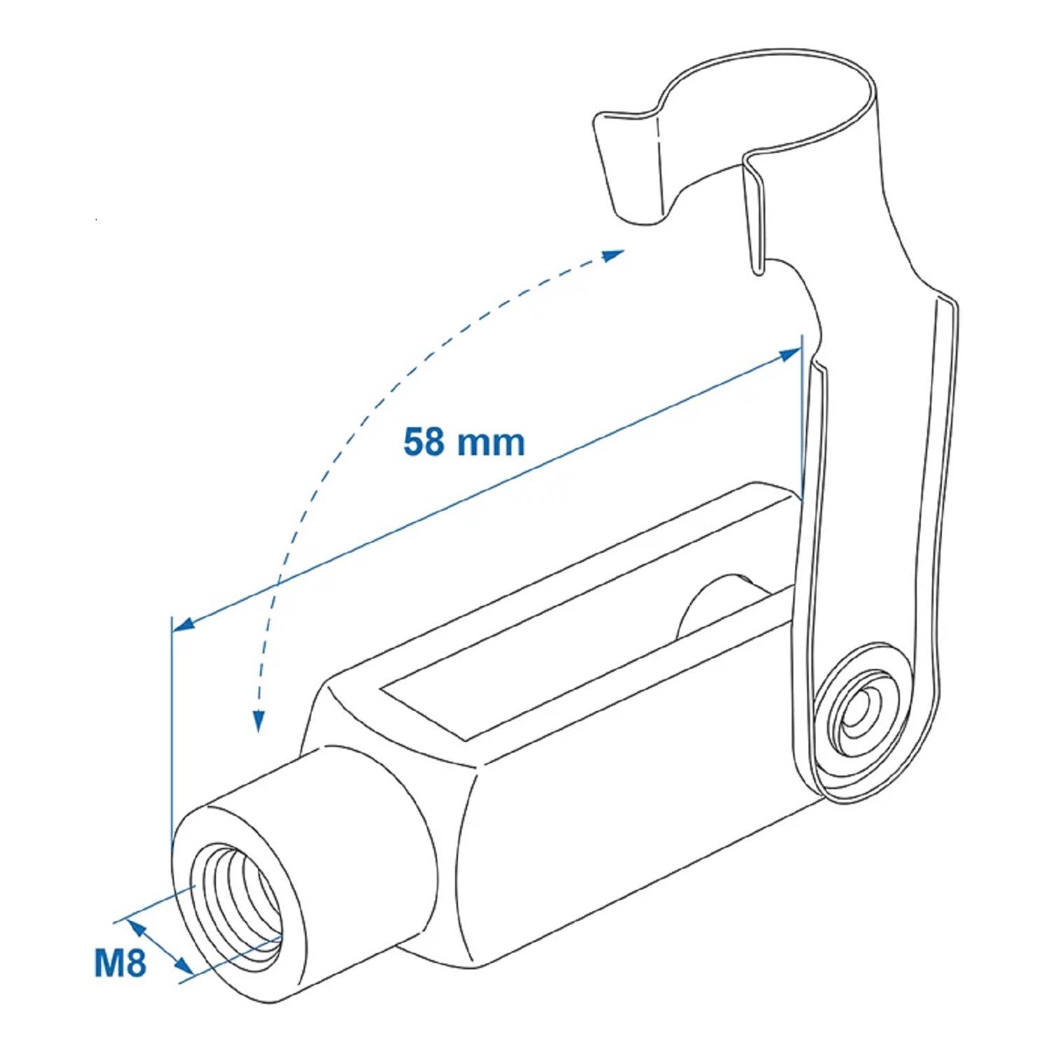 Diagramm einer Metallkomponente mit einem offenen Haken und gewindeter Spitze. Beschriftete Abmessungen umfassen 58 mm Länge und M8 Gewindegröße.