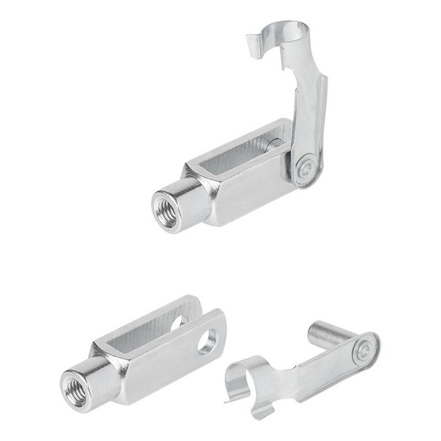 Metall-Spannklammern für Tore oder Zäune, die einen Mechanismus mit verstellbaren und abnehmbaren Komponenten zeigen und die Funktionalität hervorheben.