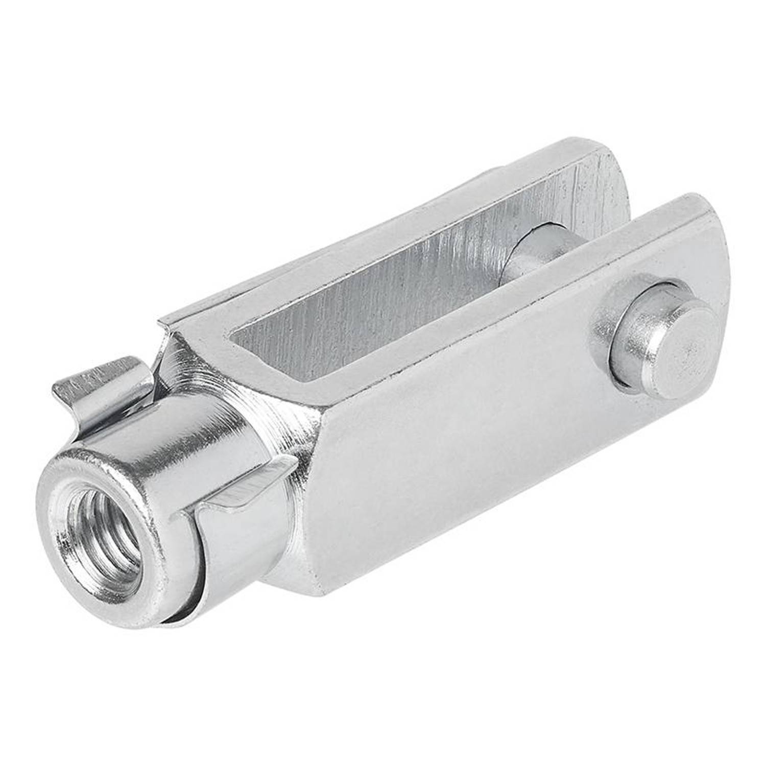 Ein metallisches Gabelkopfgelenk mit einem Gewindeloch und einem Bolzen, verwendet zur Verbindung von Komponenten in mechanischen Systemen.