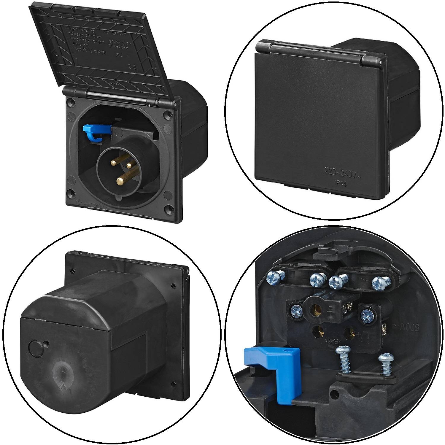 Vier Winkel einer schwarzen, wandmontierten elektrischen Steckdose mit Schutzabdeckung, dreipinnigem Steckereingang und freiliegendem Verdrahtungsbereich.