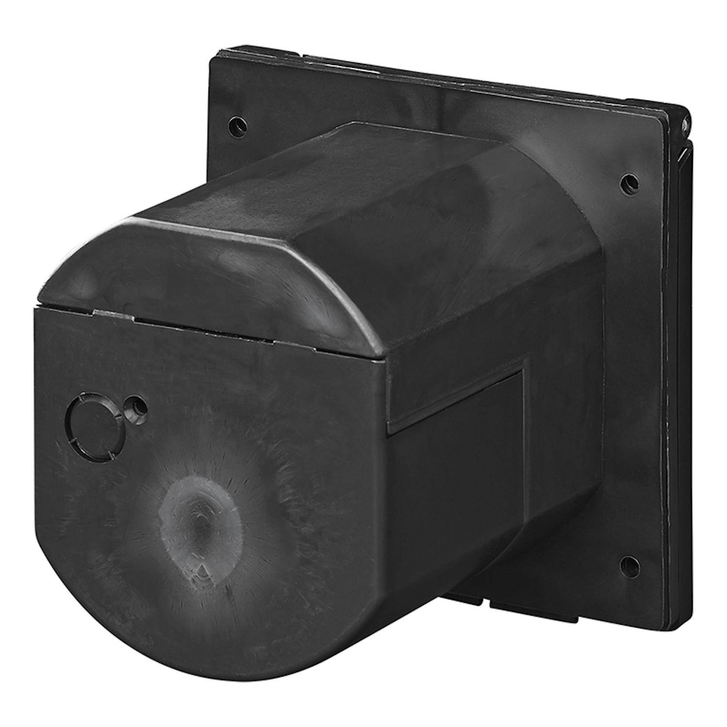 Eine rechteckige schwarze Metallbox mit zwei Befestigungslöchern, höchstwahrscheinlich ein industrieller Sensor oder eine industrielle Komponente, die vor einem weißen Hintergrund abgebildet ist.