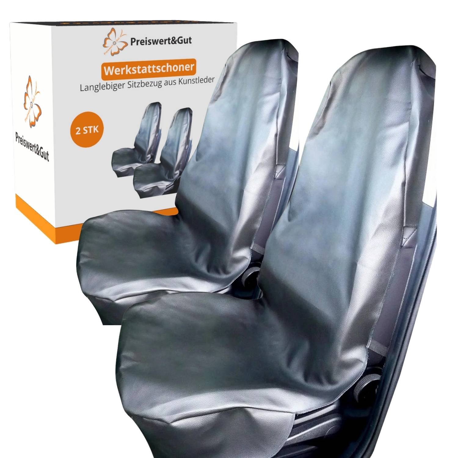 Autositzbezüge mit metallischer Optik werden ausgestellt. Die Verpackung daneben ist mit dem Etikett 