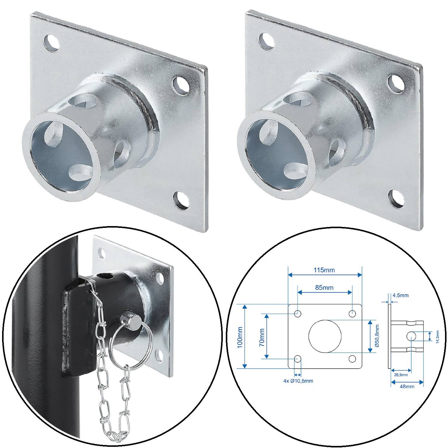 Metallwandflansche zur Montage, dargestellt mit und ohne Kettenanbau. Enthält beschriftete Abmessungen in Millimetern: 100 mm x 115 mm.