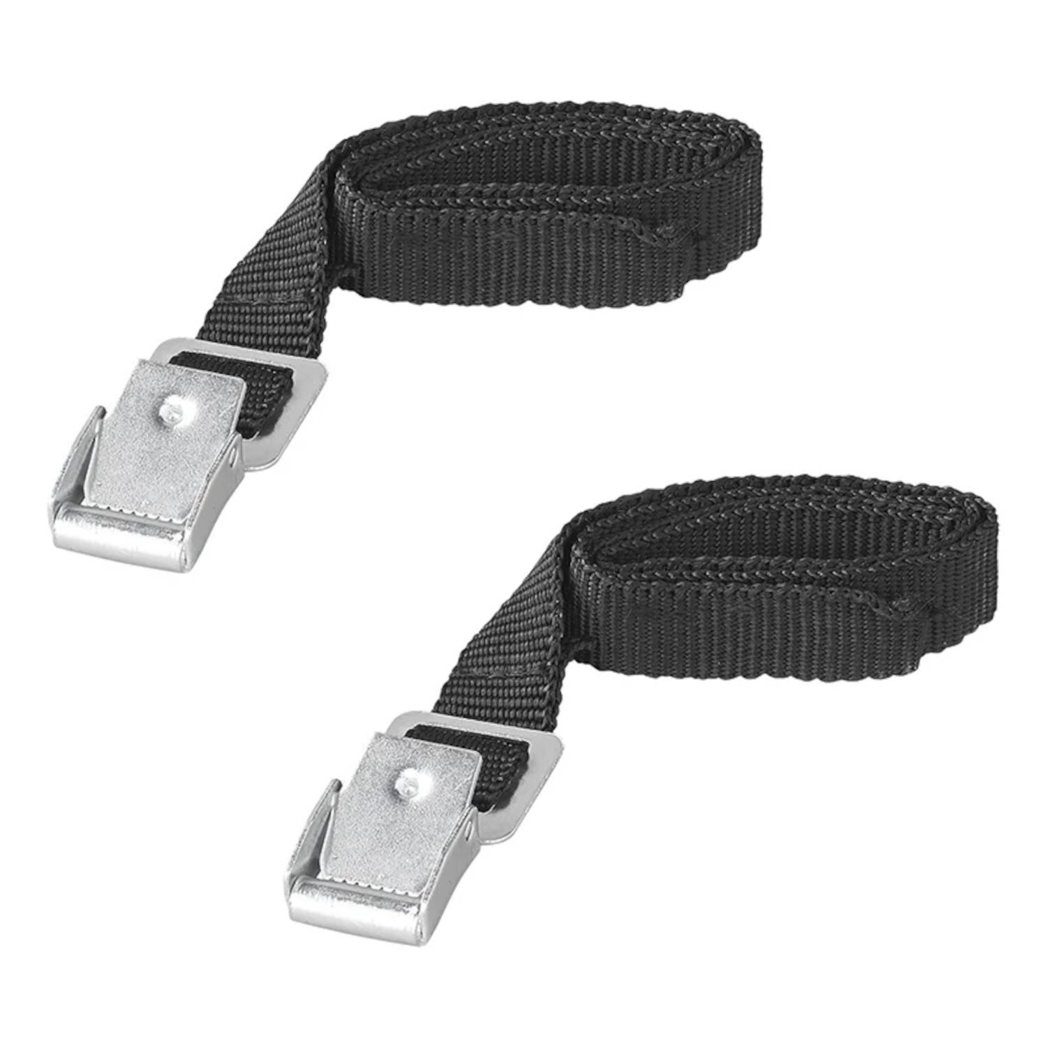 Zwei schwarze Gepäckgurte mit silbernen Schnallen werden vor einem weißen Hintergrund gezeigt.