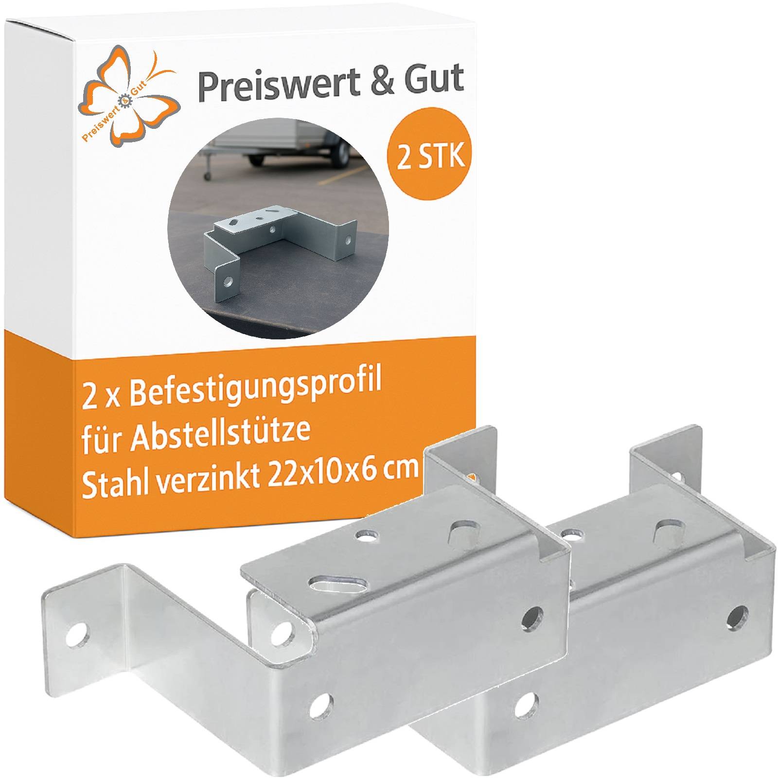Preiswert & Gut' Paket mit zwei Stahlhalterungen für Montagezwecke, jeweils mit den Maßen 22x10x6 cm.