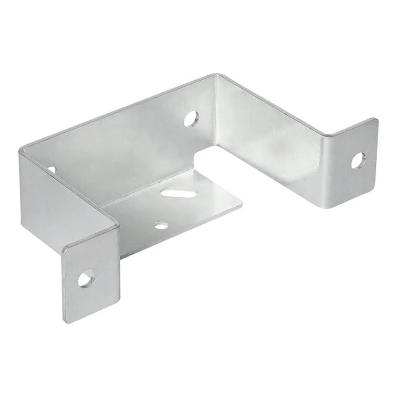 Eine Metallhalterung mit drei Löchern, konzipiert zum Befestigen oder Sichern von Objekten, auf einem einfarbigen Hintergrund.