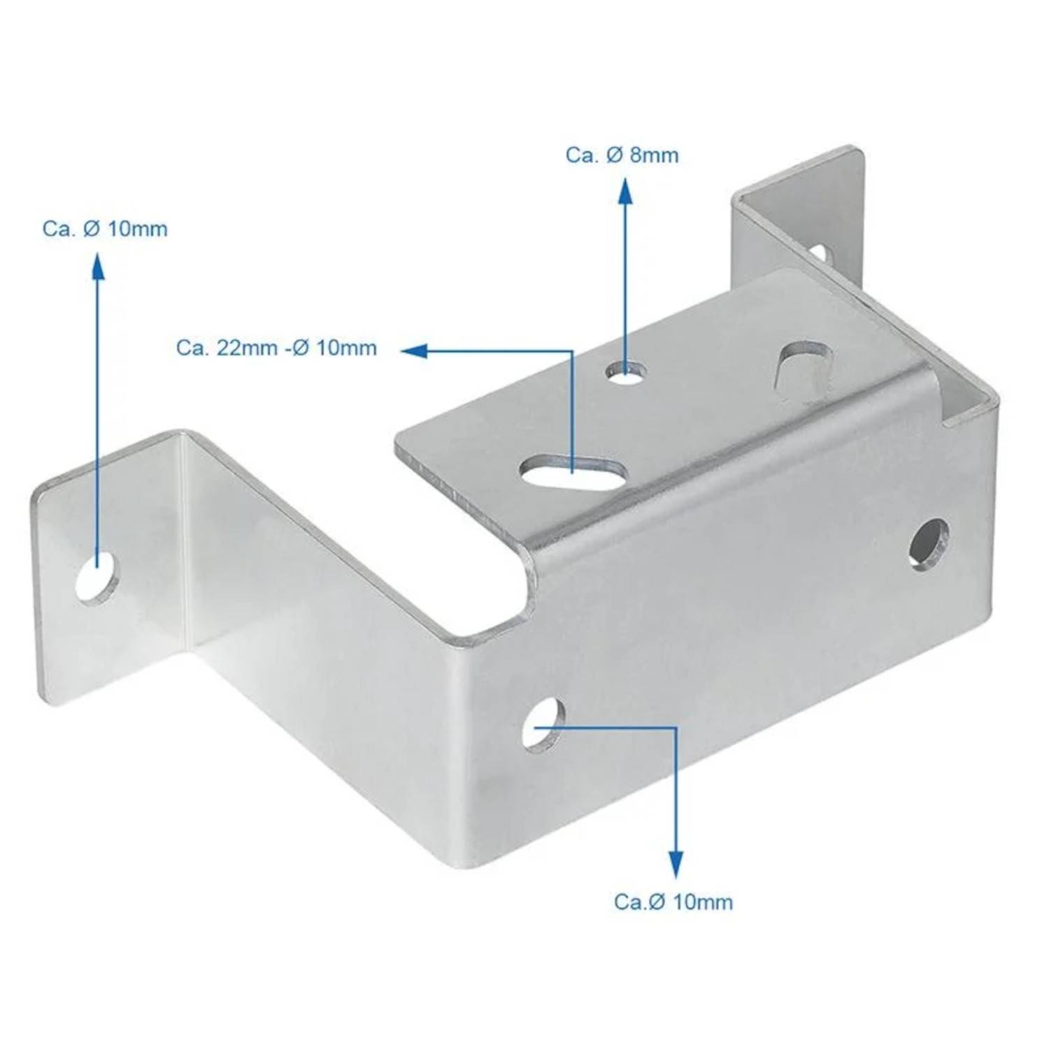 Metallmontagehalterung mit vier Löchern und verschiedenen beschrifteten Abmessungen: 10 mm, 22 mm, vertikal positioniert mit Flanschen.