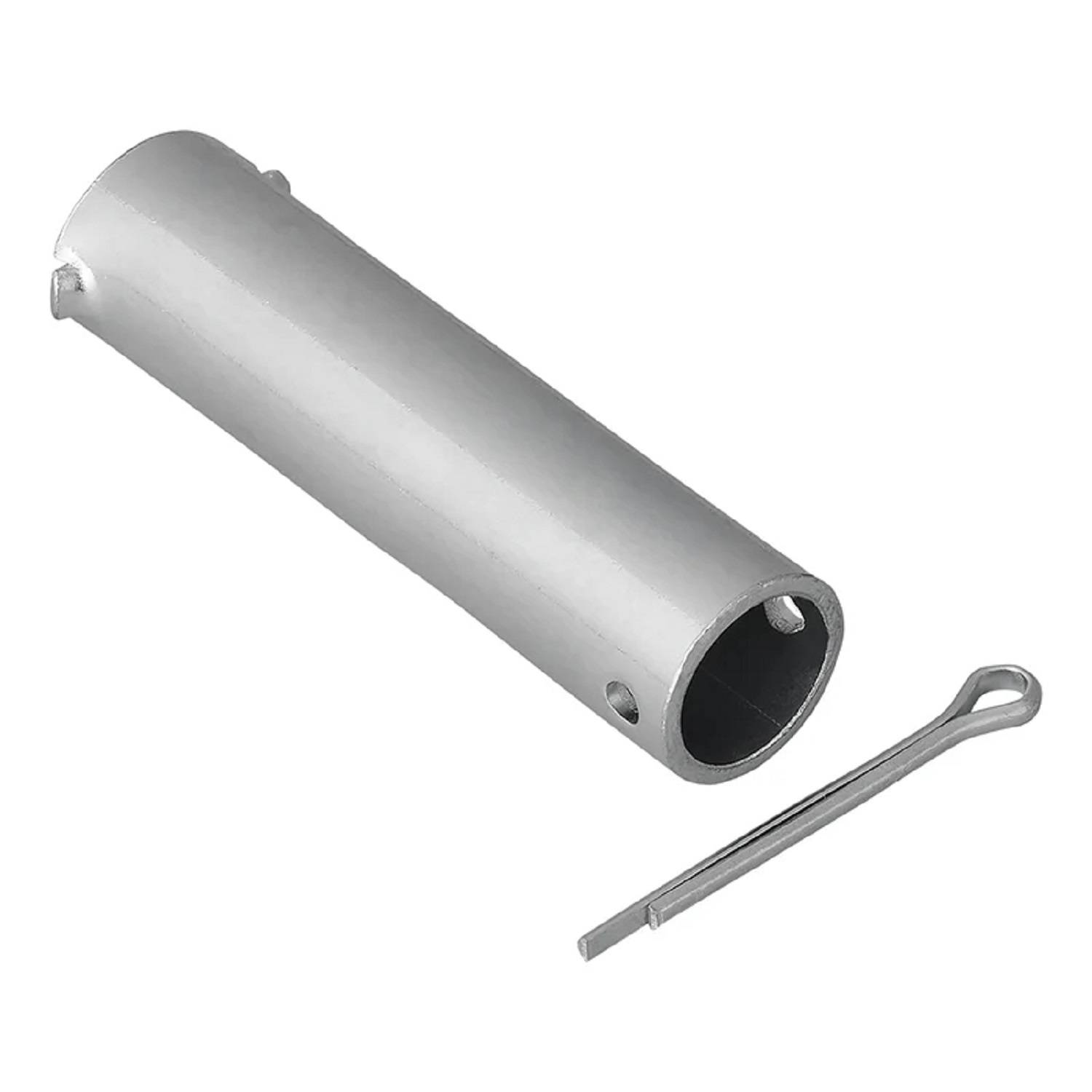 Ein metallischer zylindrischer Anbau neben einem Splint, der zum Sichern und Drehen von Komponenten in mechanischen Baugruppen verwendet wird.