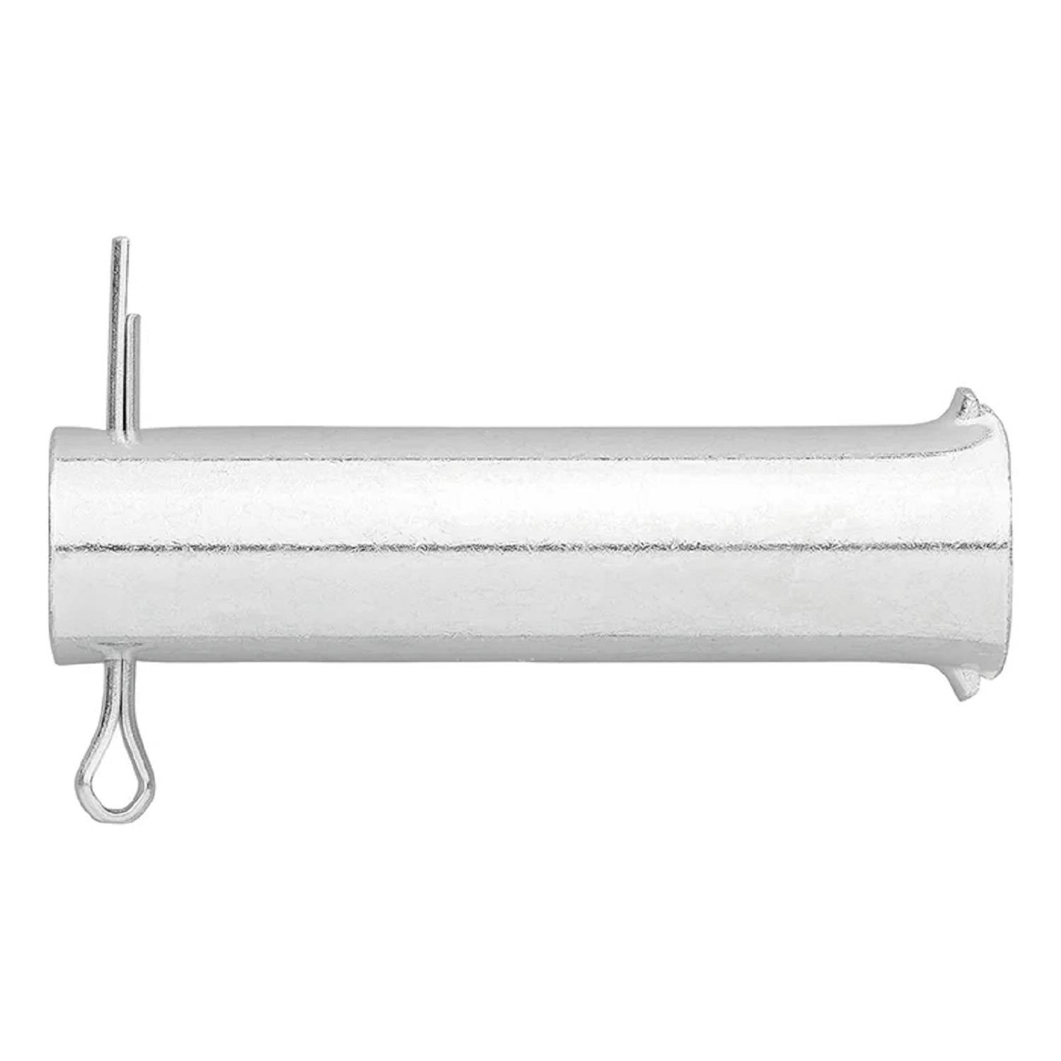Ein zylindrischer silberner Metallgegenstand mit einem gebogenen Drahthaken an einem Ende, höchstwahrscheinlich ein Werkzeug oder eine Zubehörkomponente.