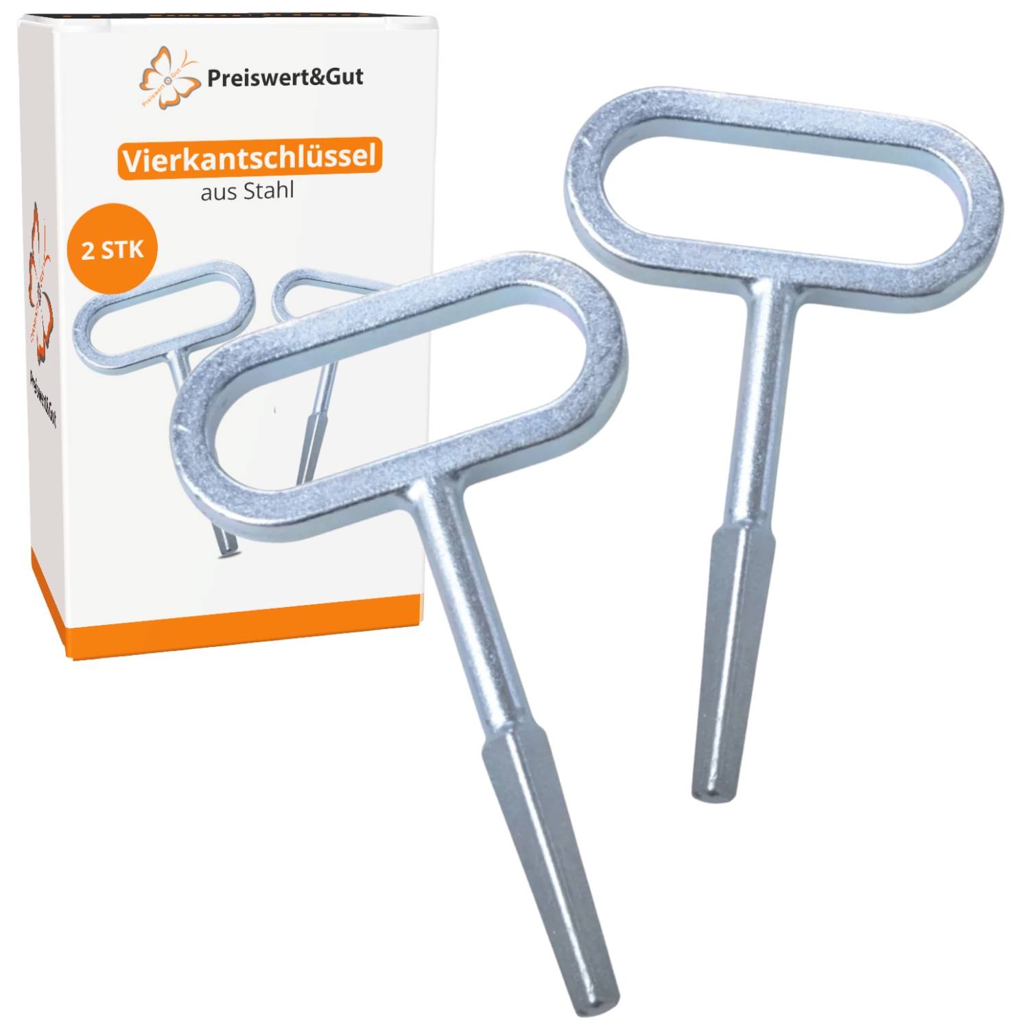 Vierkantschlüssel aus Stahl, 2 Schlüssel werden vor der Produktverpackung präsentiert. Die Verpackung zeigt die Marke 