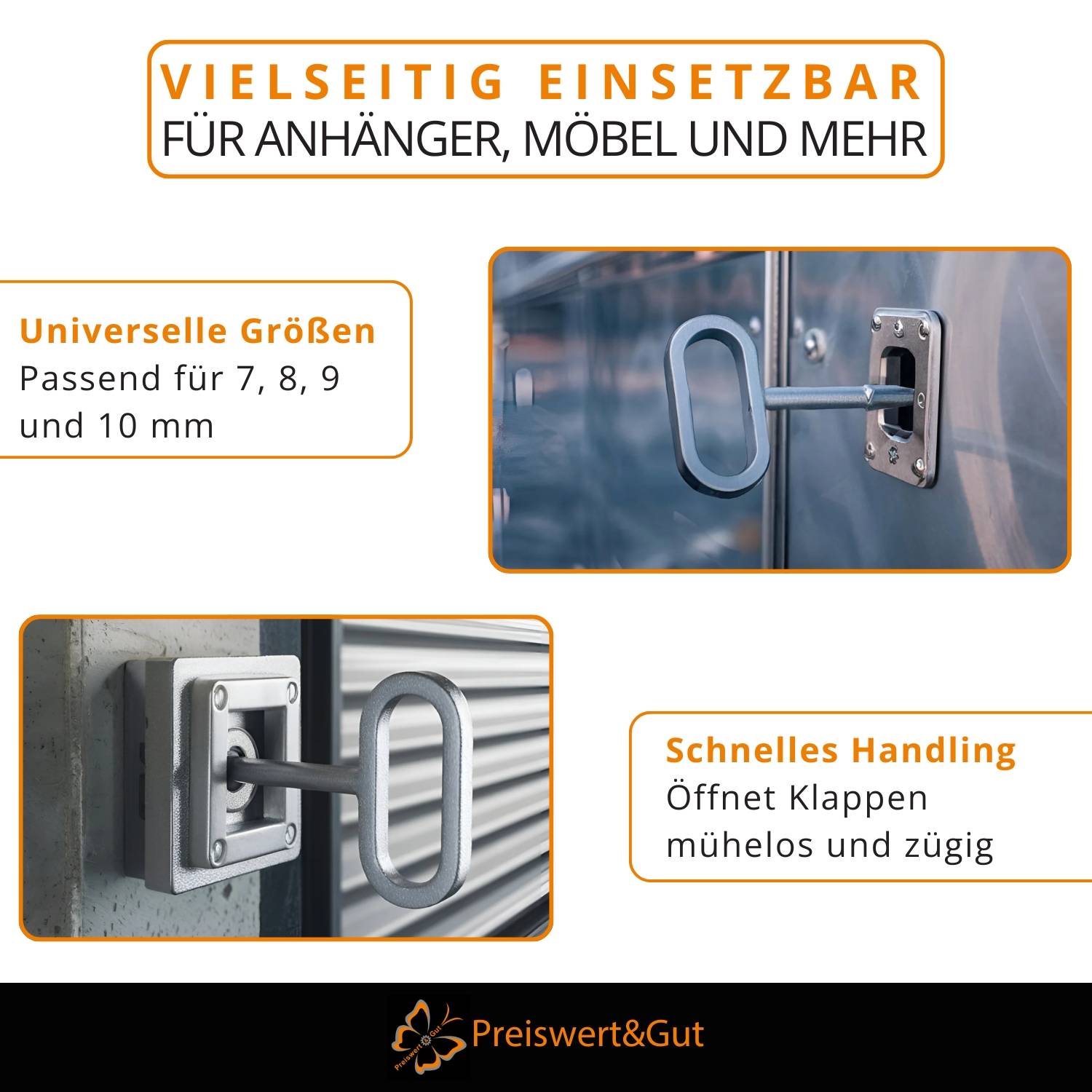 Vielseitig einsetzbar für Anhänger, Möbel und mehr. Universelle Größen geeignet für 7, 8, 9 und 10 mm. Leicht zu handhaben; öffnet sich geräuschlos und sicher.