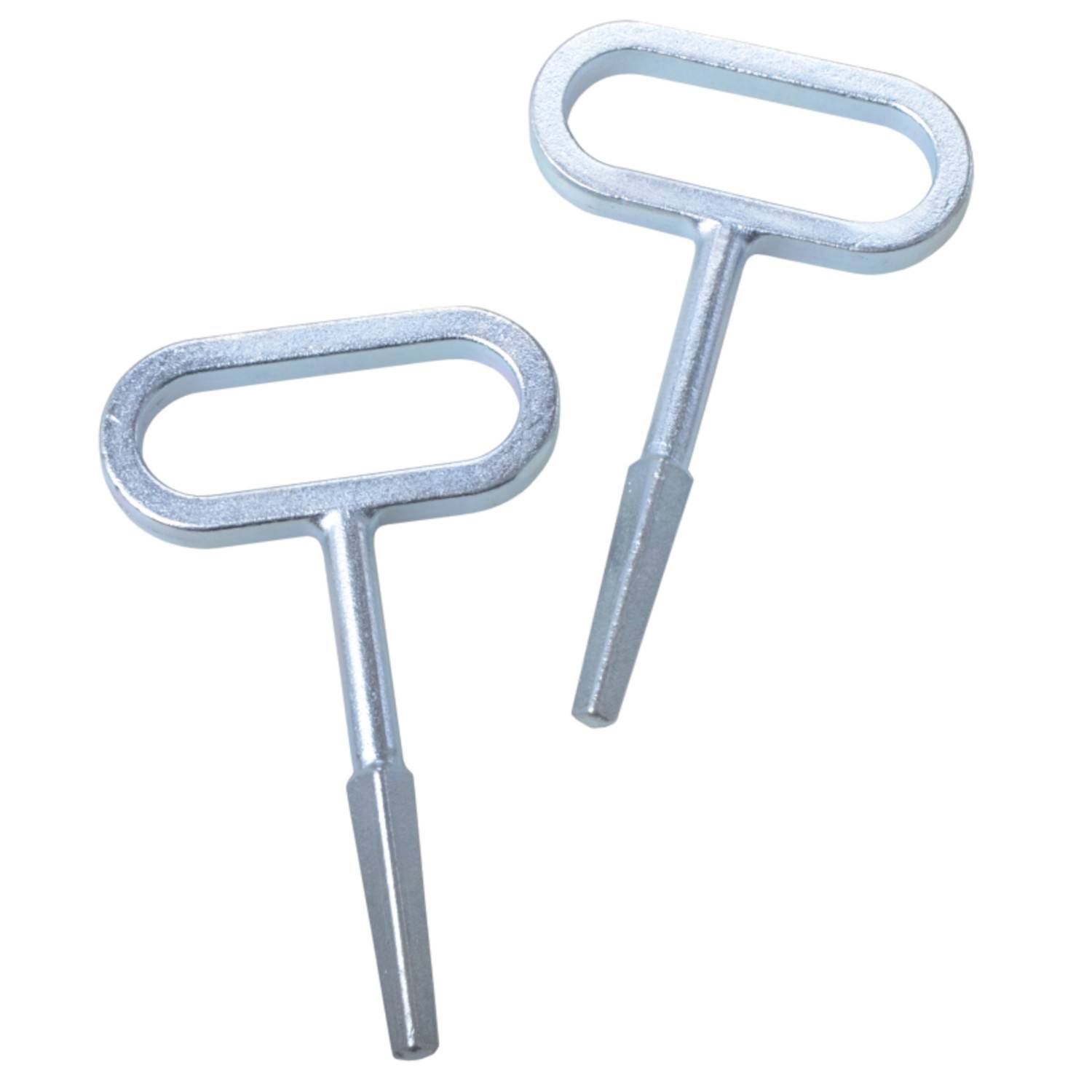 Zwei silberne Uhrenschlüssel mit ovalen Griffen und verjüngten Schäften, verwendet zum Aufziehen mechanischer Uhren.