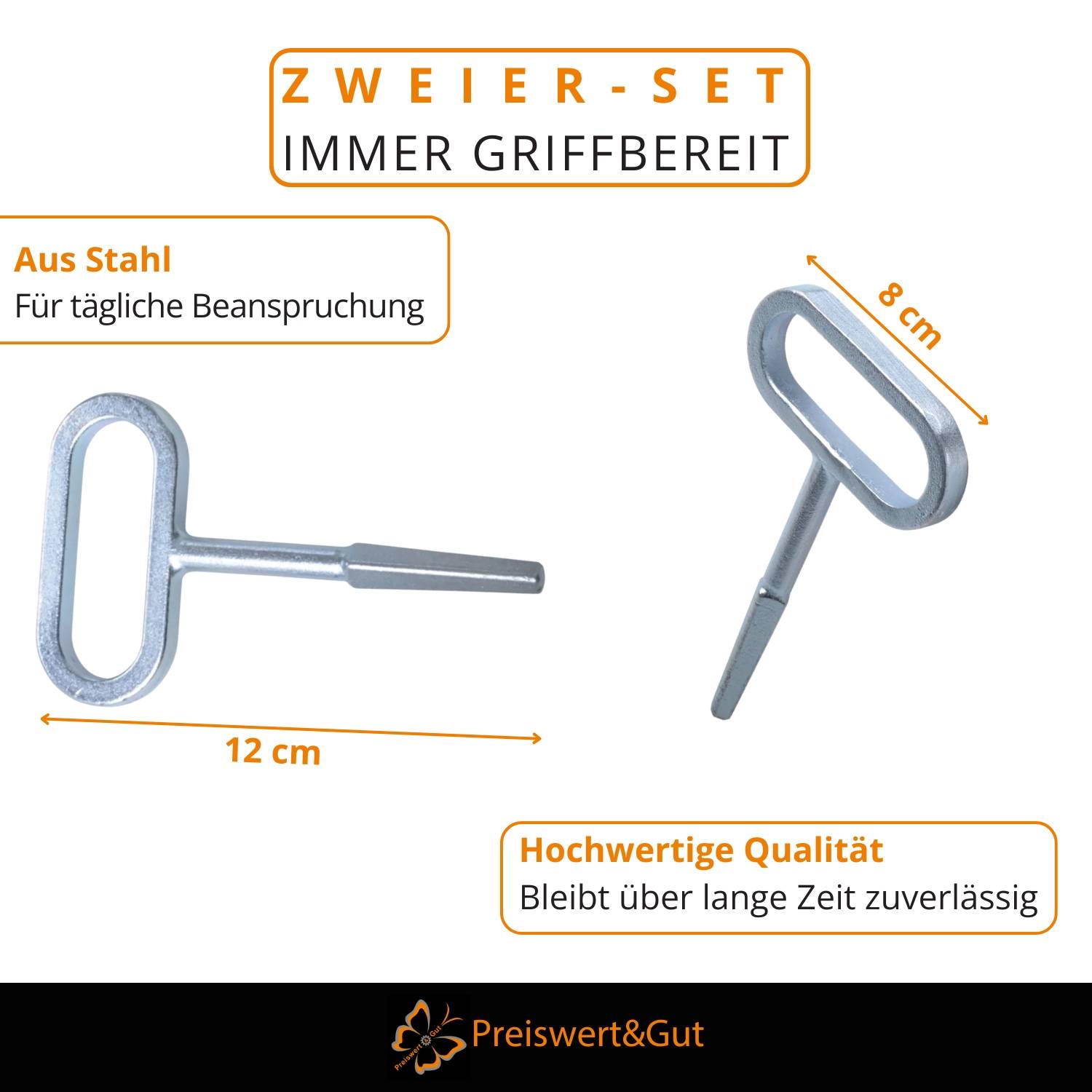 Zwierer-Set' Metallwerkzeug-Bild zeigt zwei Metallwerkzeuge mit Abmessungen: 8 cm und 12 cm. Text behauptet 'immer griffbereit' und erwähnt Haltbarkeit.